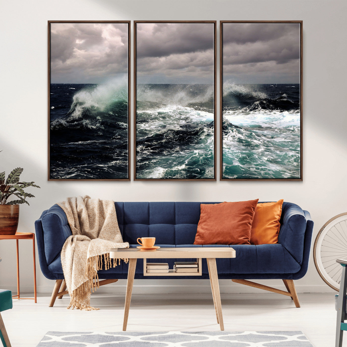 Powerful ocean waves crashing under stormy skies, creating a dynamic and intense seascape.