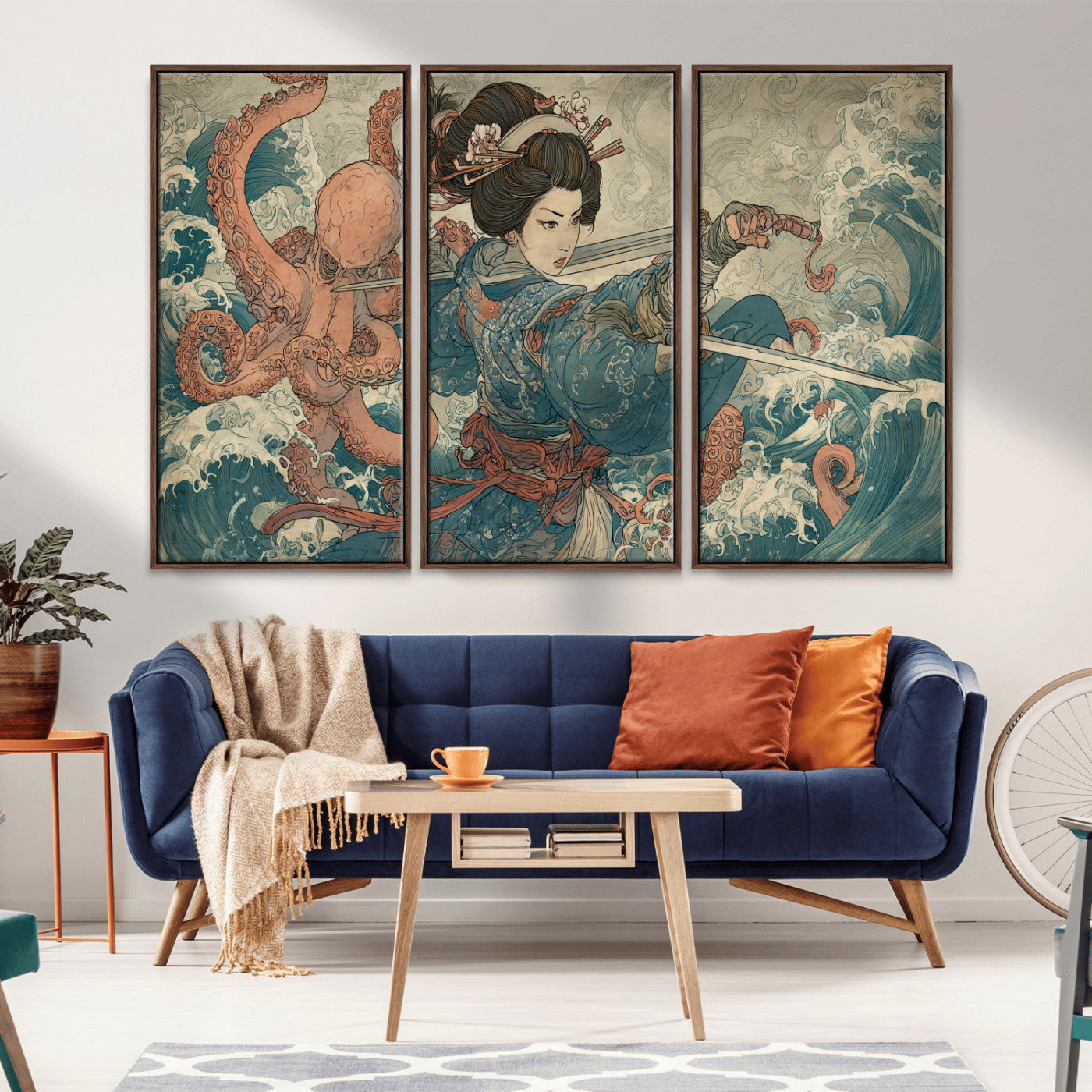 Tsukioka Yoshitoshi Samurai Wall Art Print, Japanese Katana Warrior Canvas Wall Art, Octopus Sea Monster Canvas Print,