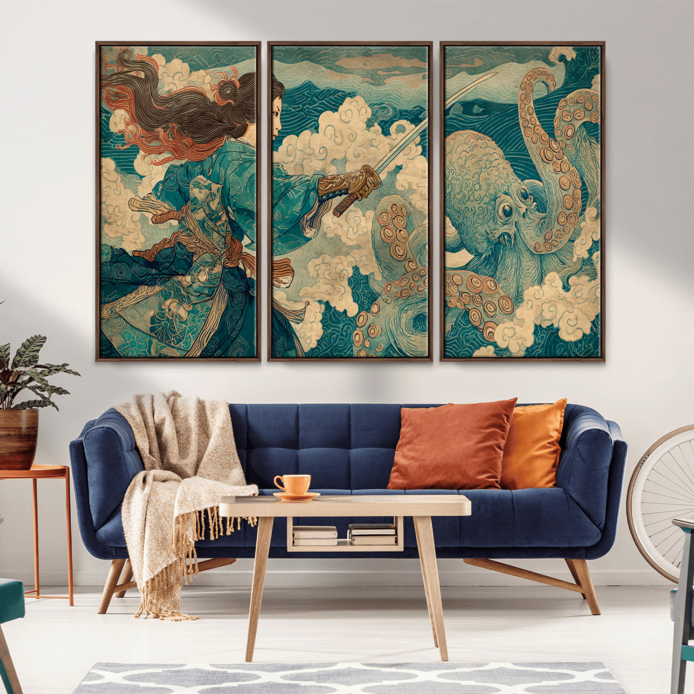 Tsukioka Yoshitoshi Samurai Wall Art Print, Japanese Katana Warrior Canvas Wall Art, Octopus Sea Monster Canvas Print,