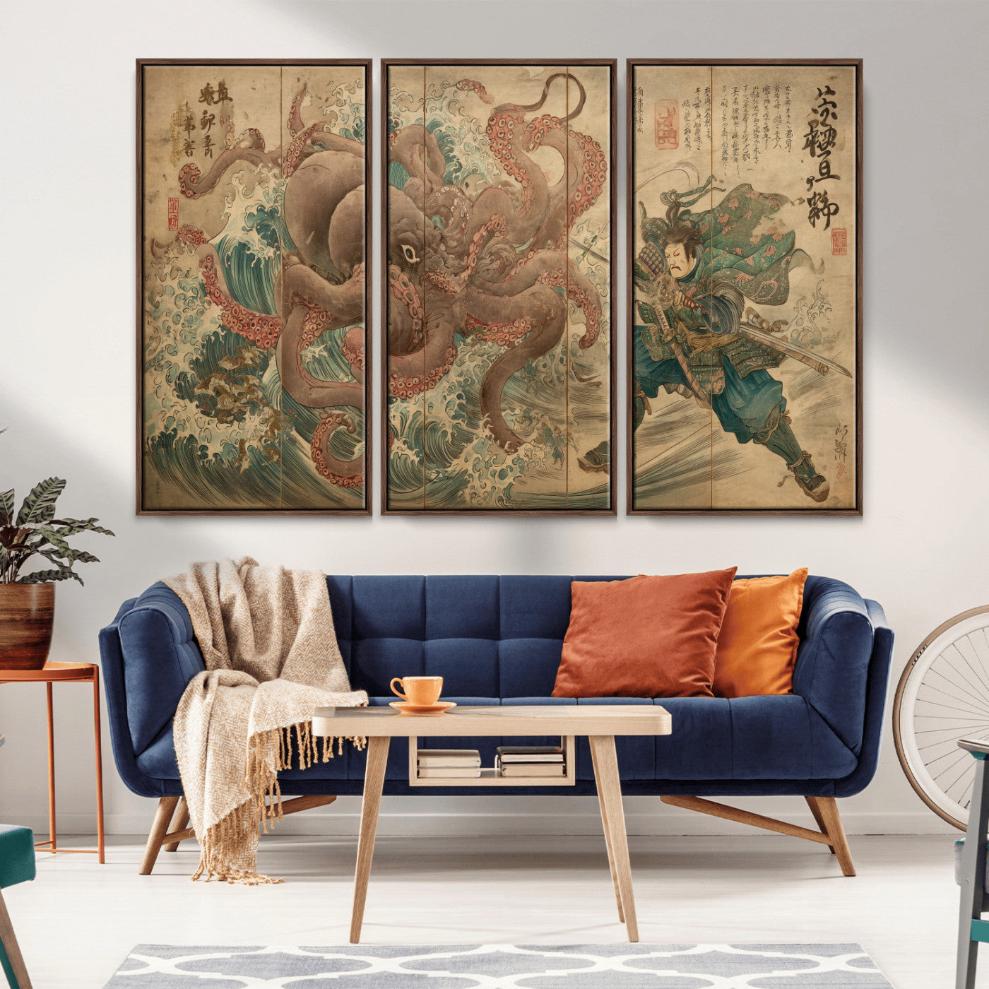 Tsukioka Yoshitoshi Samurai Wall Art Print, Japanese Katana Warrior Canvas Wall Art, Octopus Sea Monster Canvas Print,