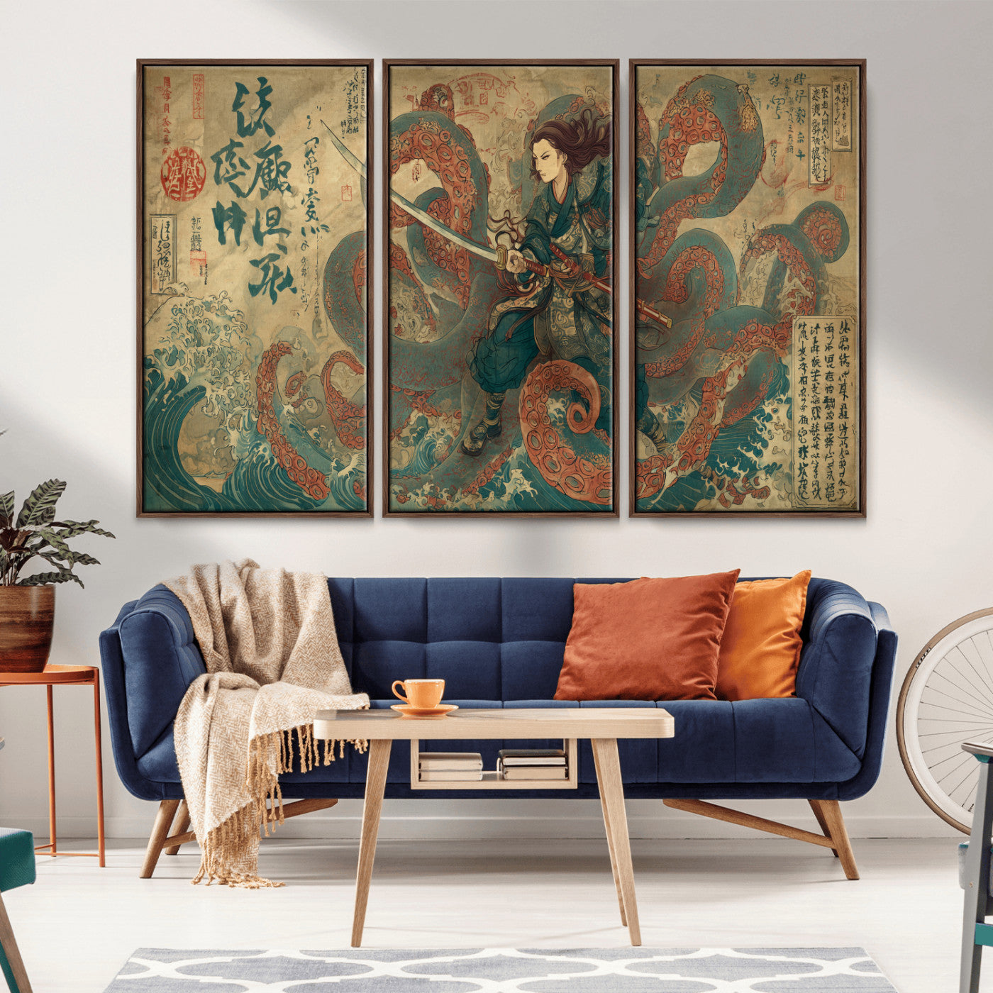 Tsukioka Yoshitoshi Samurai Wall Art Print, Japanese Katana Warrior Canvas Wall Art, Octopus Sea Monster Canvas Print,