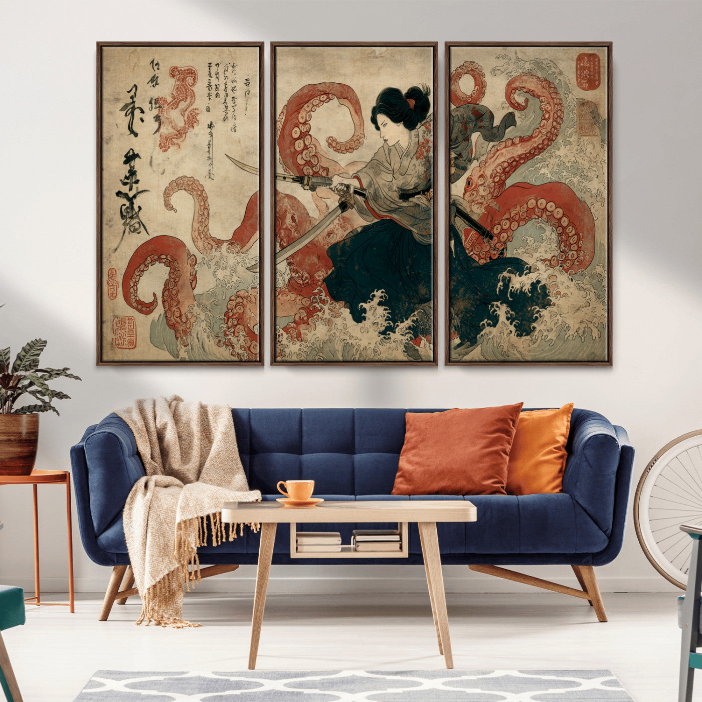 Tsukioka Yoshitoshi Samurai Wall Art Print, Japanese Katana Warrior Canvas Wall Art, Octopus Sea Monster Canvas Print,