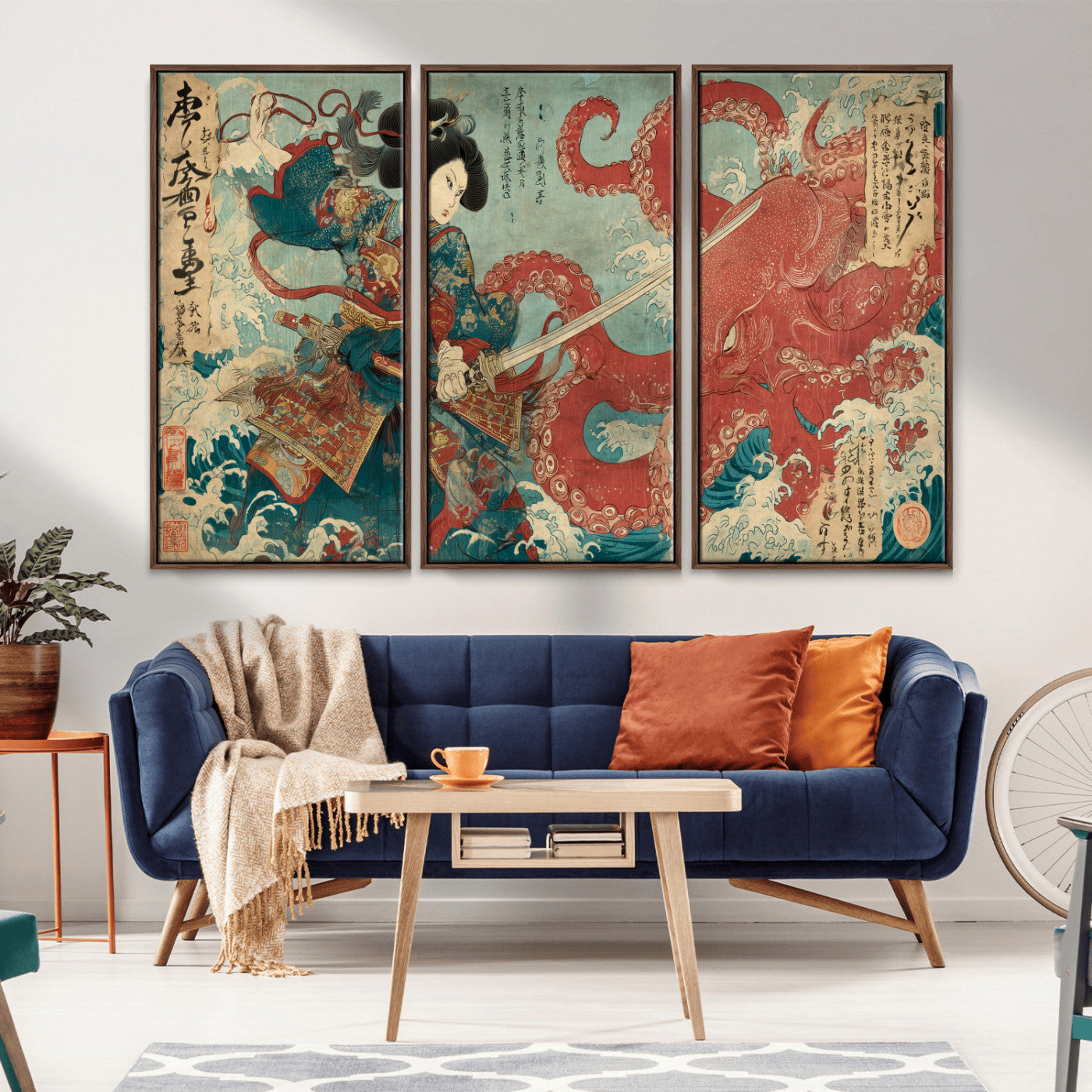 Tsukioka Yoshitoshi Samurai Wall Art Print, Japanese Katana Warrior Canvas Wall Art, Octopus Sea Monster Canvas Print,