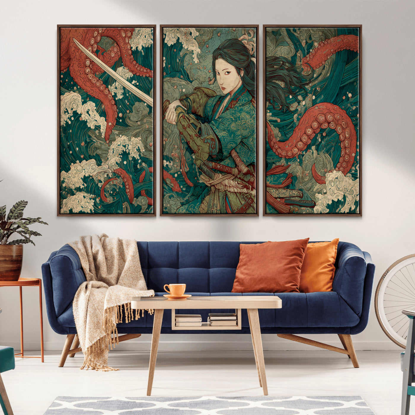 Tsukioka Yoshitoshi Samurai Wall Art Print, Japanese Katana Warrior Canvas Wall Art, Octopus Sea Monster Canvas Print,