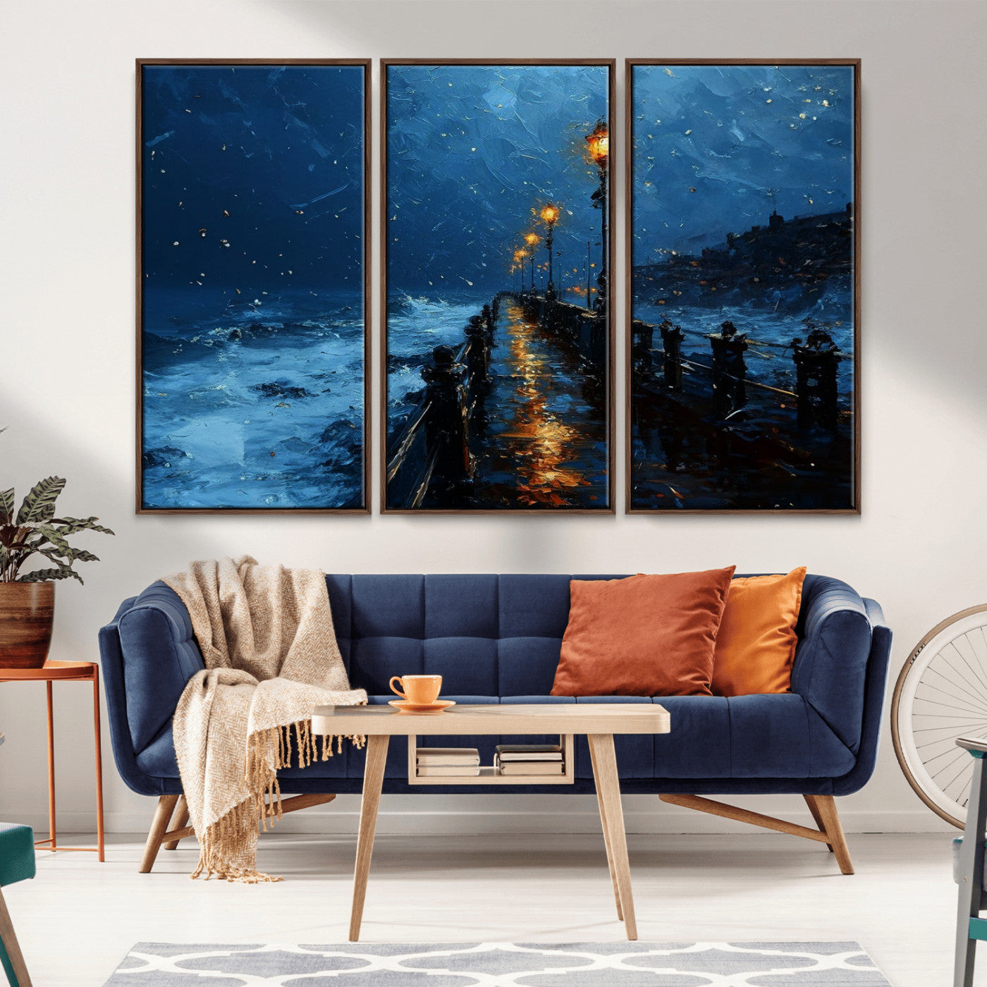 "Impressionistic painting of a rainy pier at night with glowing street lamps reflecting on the wet surface, ocean waves crashing under a dark blue sky."