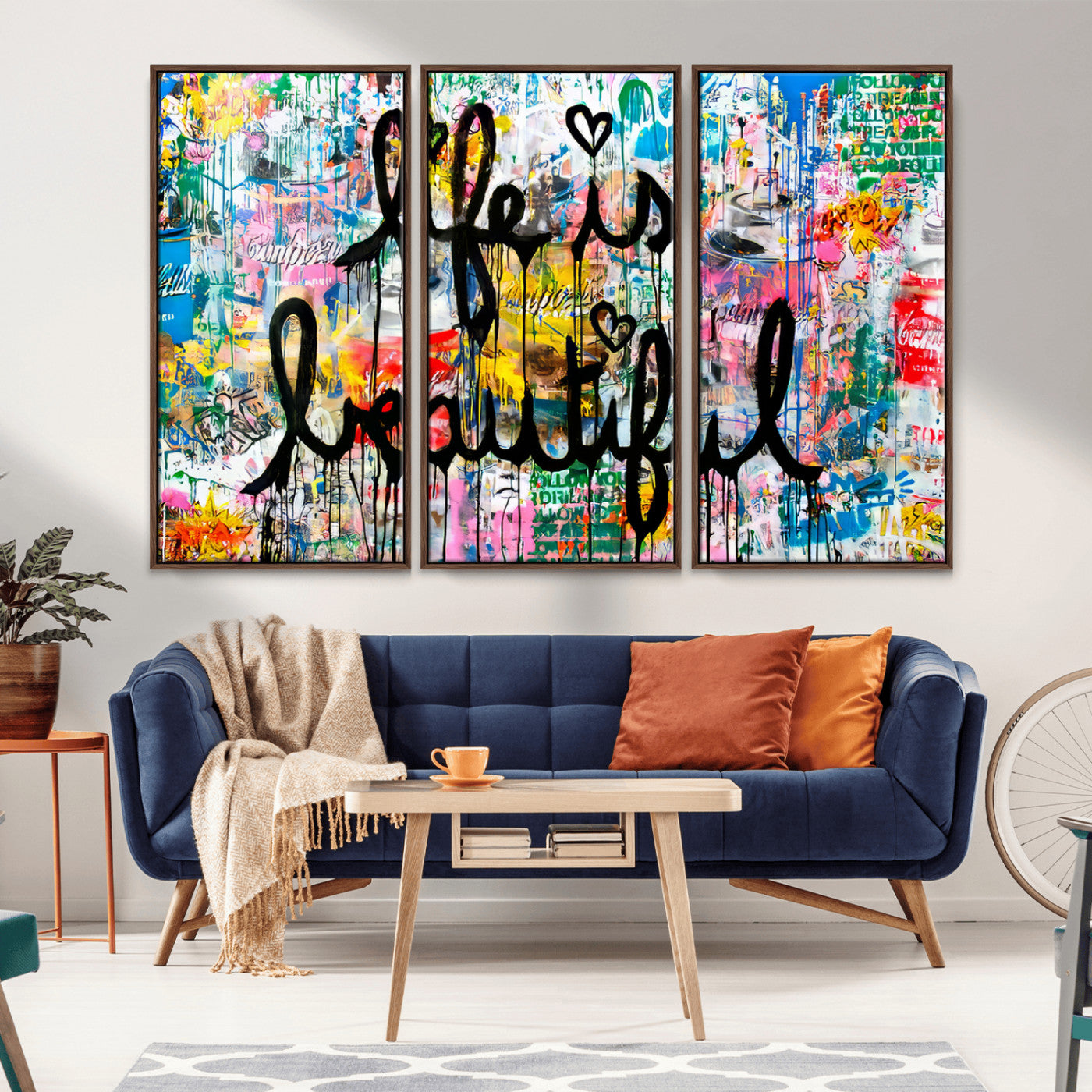 Colorful urban-style canvas with graffiti text “Life is Beautiful” in black paint, ideal for bold or street-themed home decor.