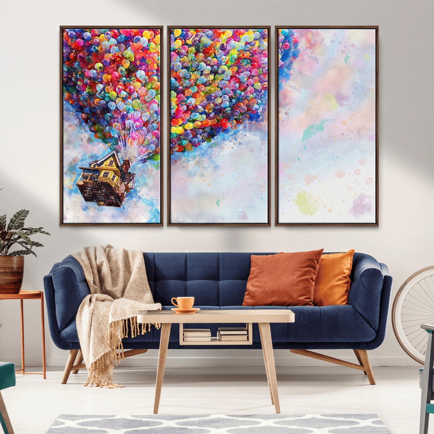 Whimsical canvas of the house from the movie Up flying with colorful balloons, ideal for Pixar or animation-themed decor.