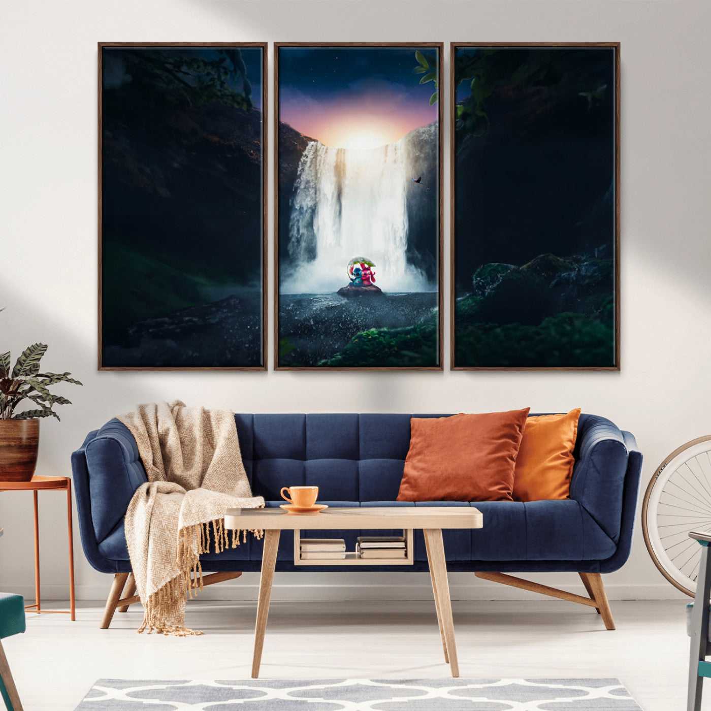 Romantic scene of Stitch and Angel sitting under a leaf in front of a glowing waterfall, ideal for tropical or fantasy-themed decor.