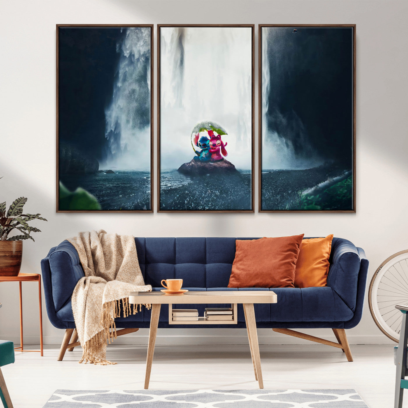 Fantasy canvas of Stitch and Angel under a leaf umbrella in front of a dramatic waterfall, perfect for moody jungle-themed or animated decor.