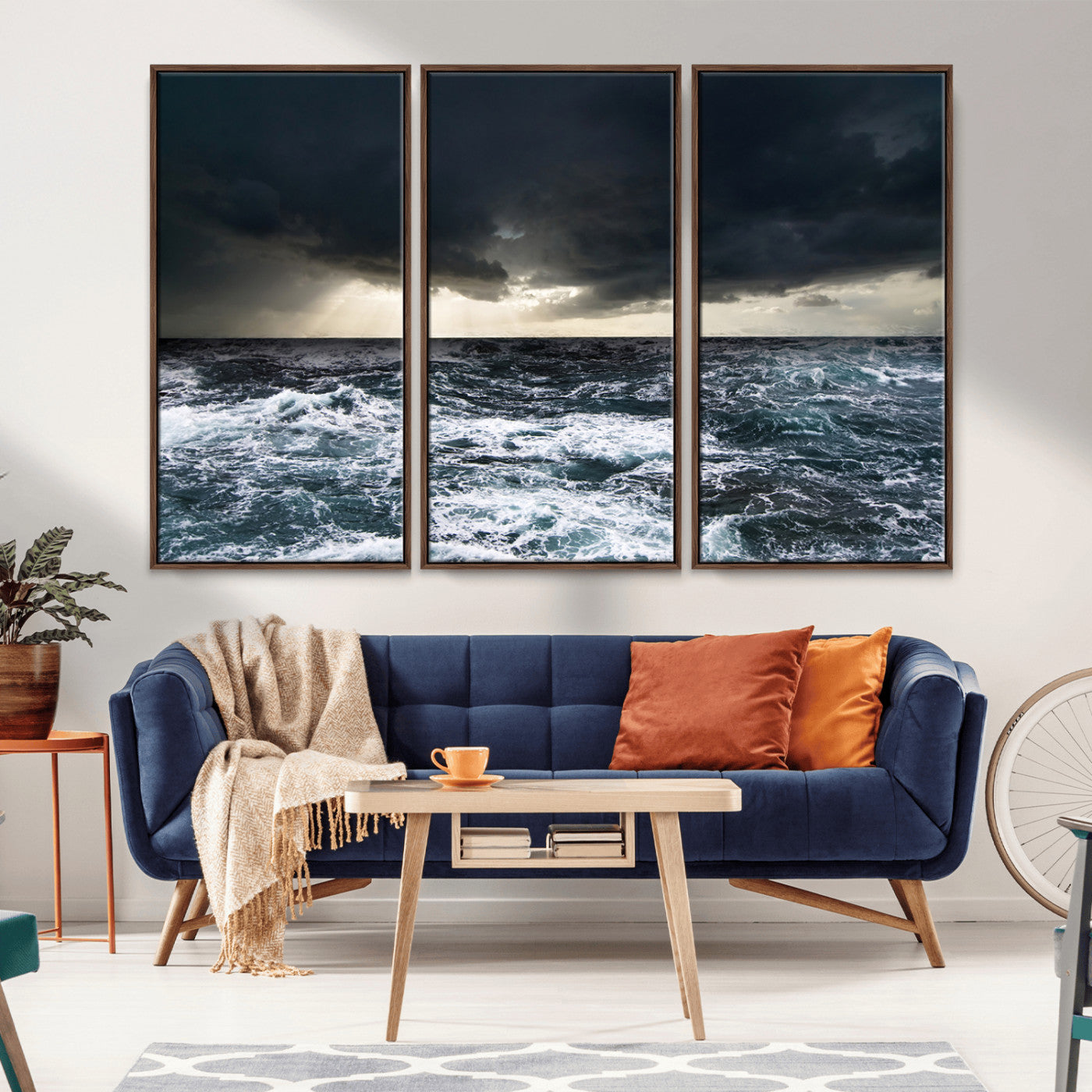 Moody ocean scene with stormy skies and crashing waves, perfect for dramatic or coastal-style home wall decor.