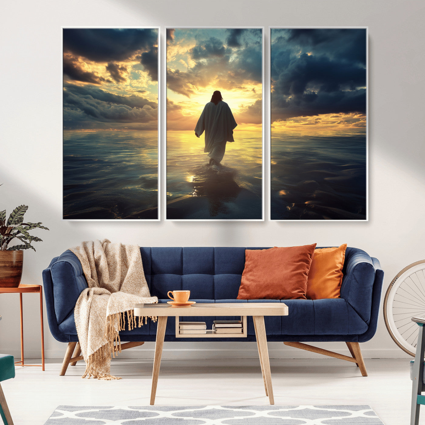 Spiritual artwork of Jesus walking on water at golden hour with divine light, ideal for Christian home decor or prayer room.