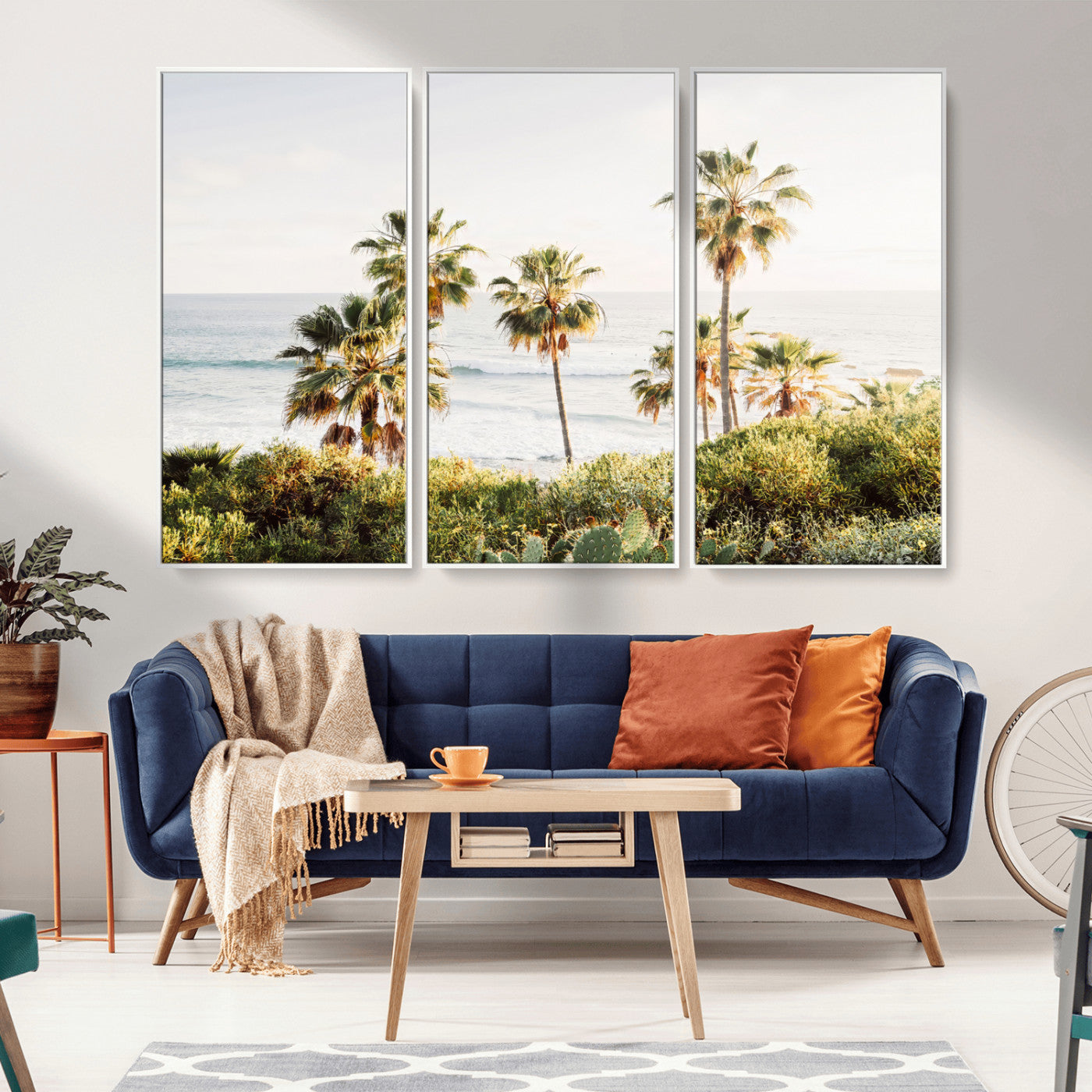 Framed print of sunlit palm trees on the California coast with warm tones, perfect for coastal minimalist or beach-style home decor.