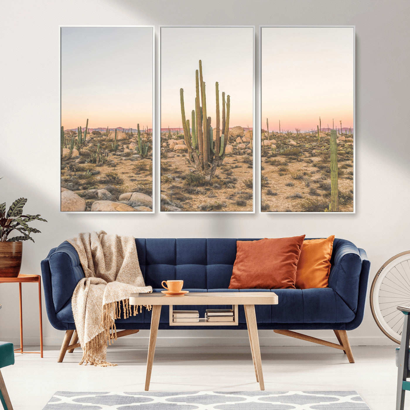 Canvas of tall desert cacti in warm sunset tones over a rocky Baja landscape, ideal for earthy or Southwestern-style home decor.