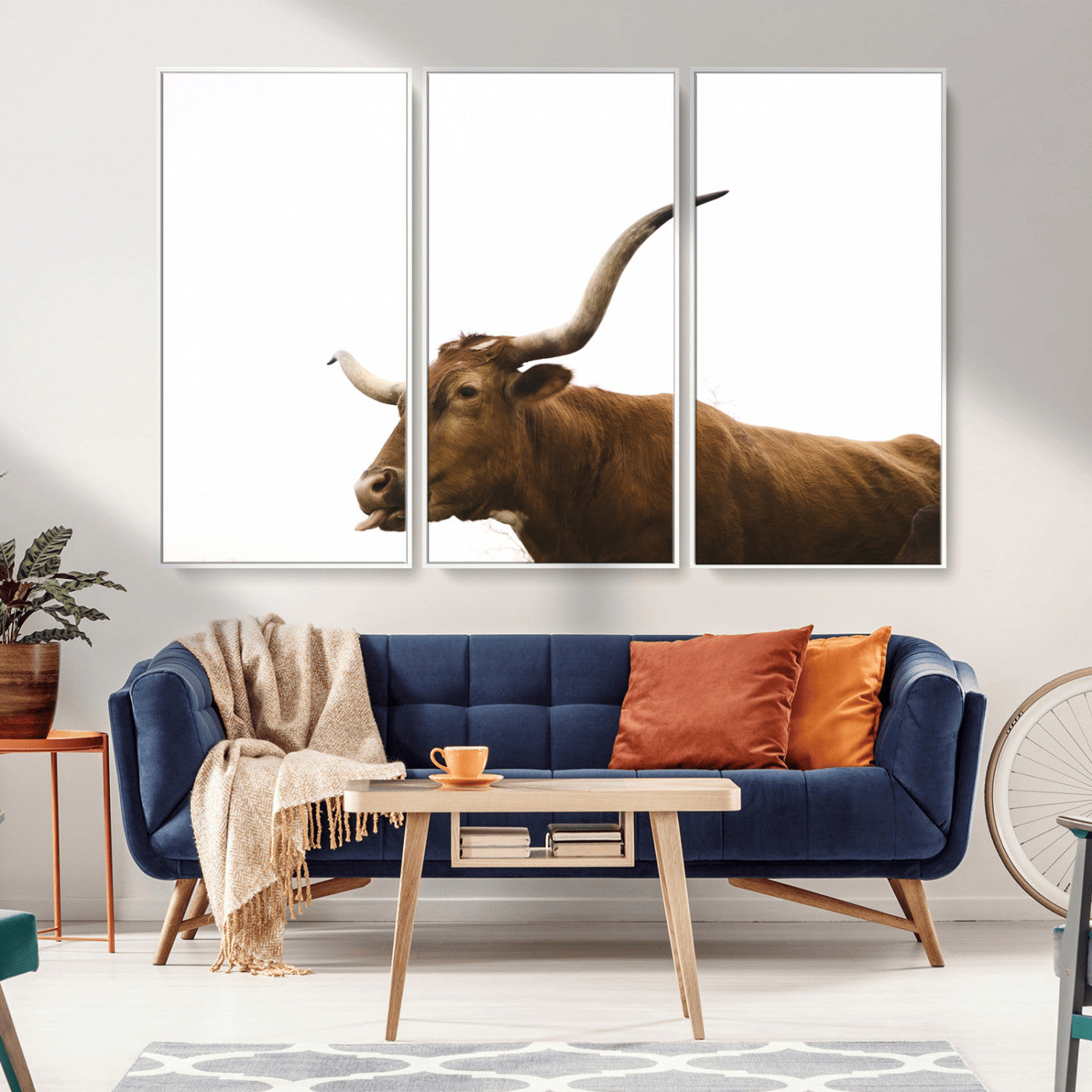 Minimal photo of a longhorn cow with white background, ideal for rustic, western or farmhouse-style interior decor.