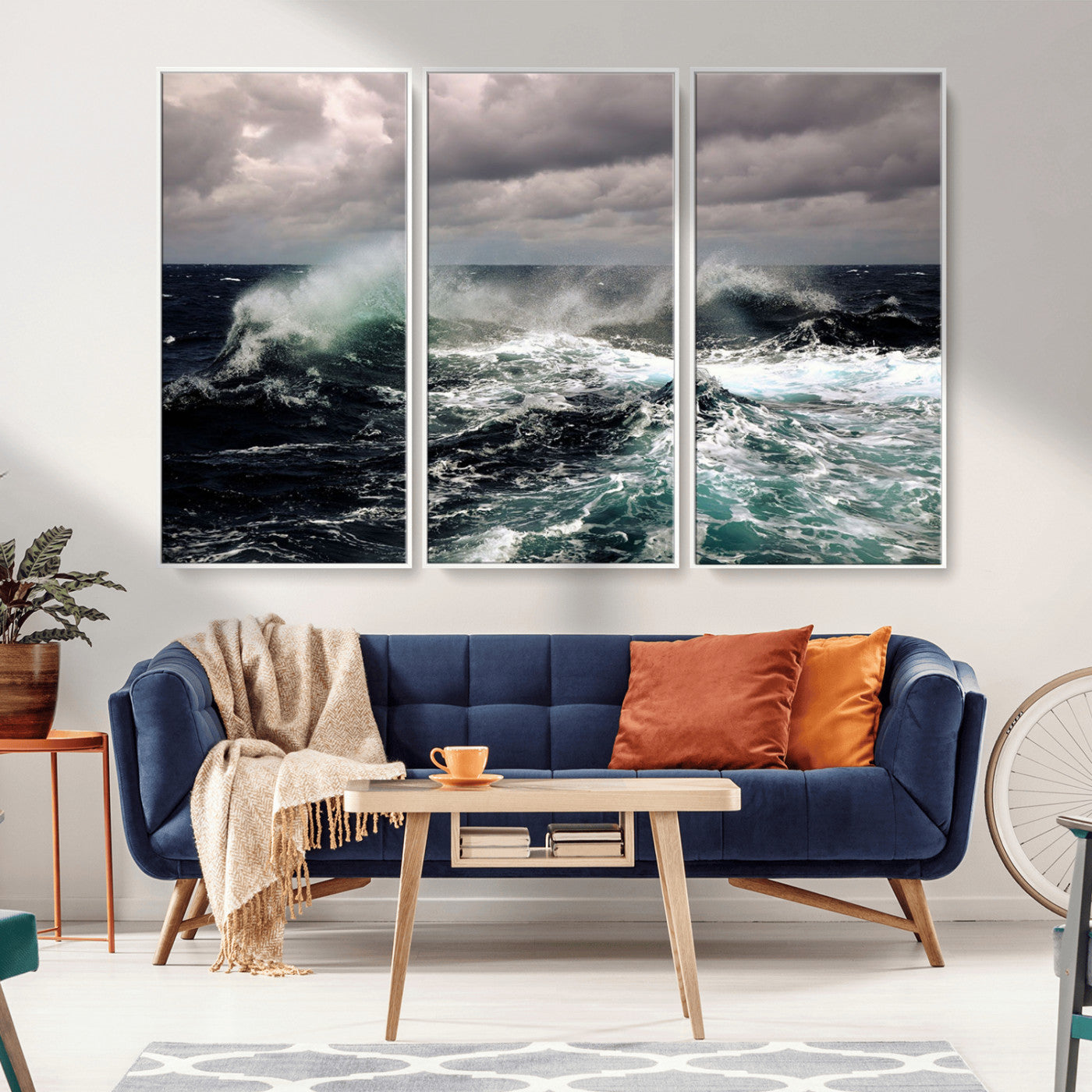 Powerful ocean waves crashing under stormy skies, creating a dynamic and intense seascape.