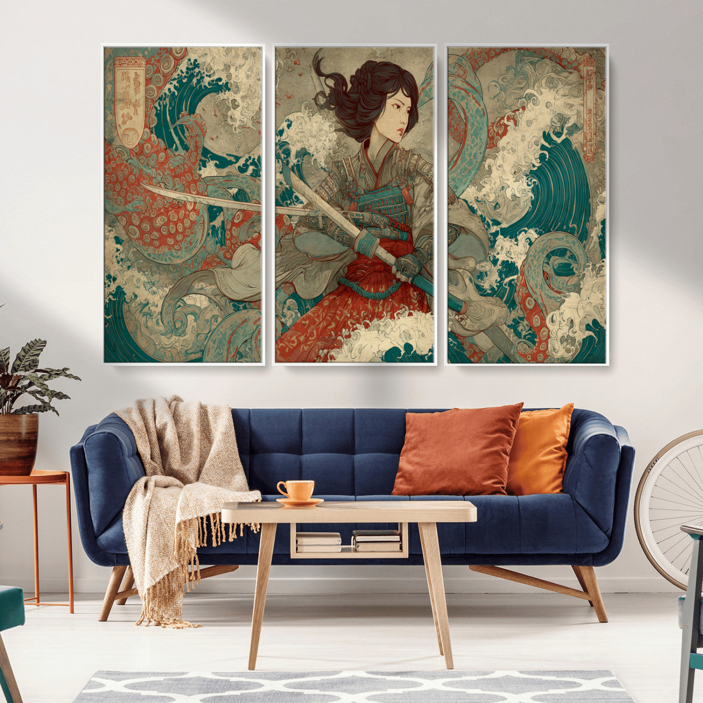 Tsukioka Yoshitoshi Samurai Wall Art Print, Japanese Katana Warrior Canvas Wall Art, Octopus Sea Monster Canvas Print,