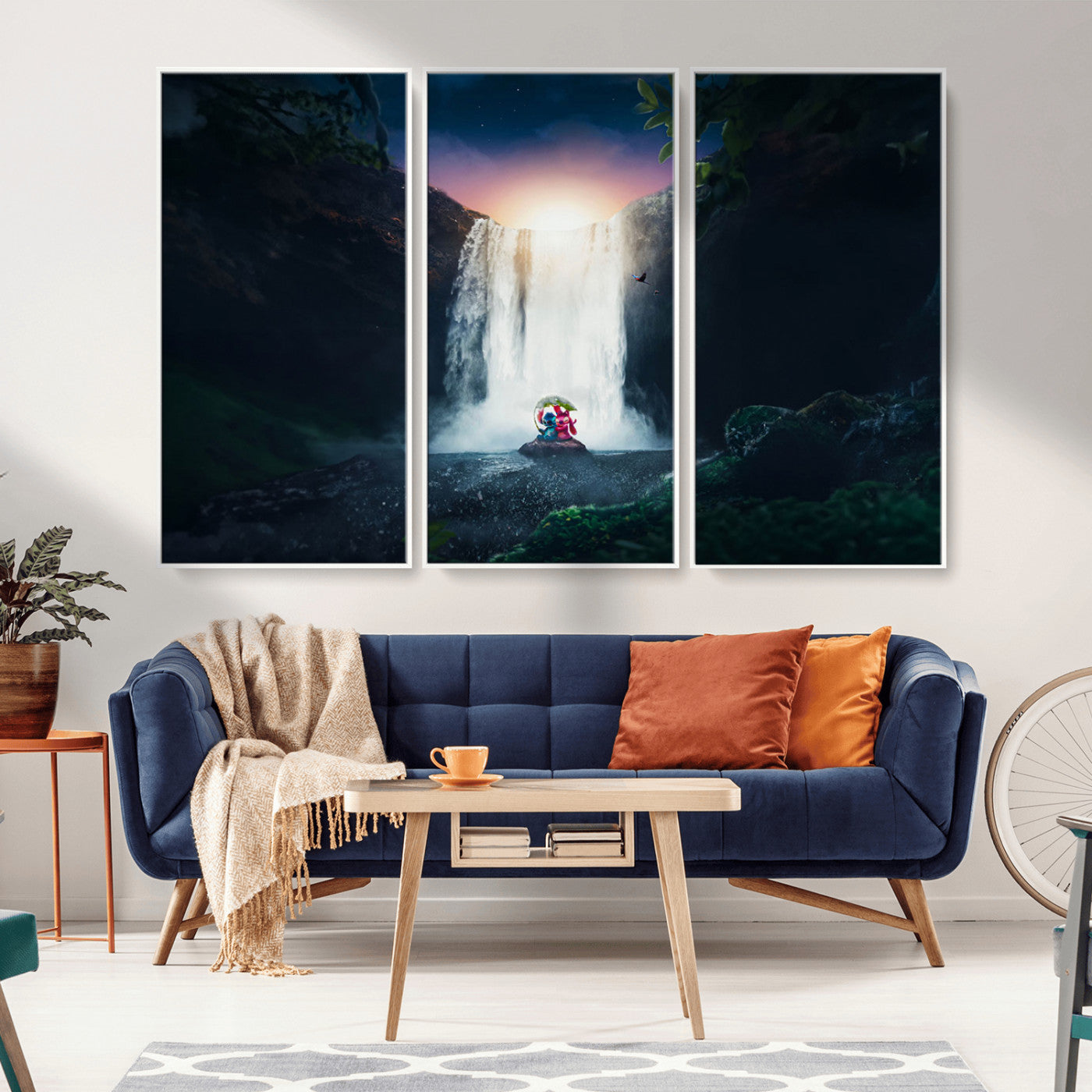 Romantic scene of Stitch and Angel sitting under a leaf in front of a glowing waterfall, ideal for tropical or fantasy-themed decor.