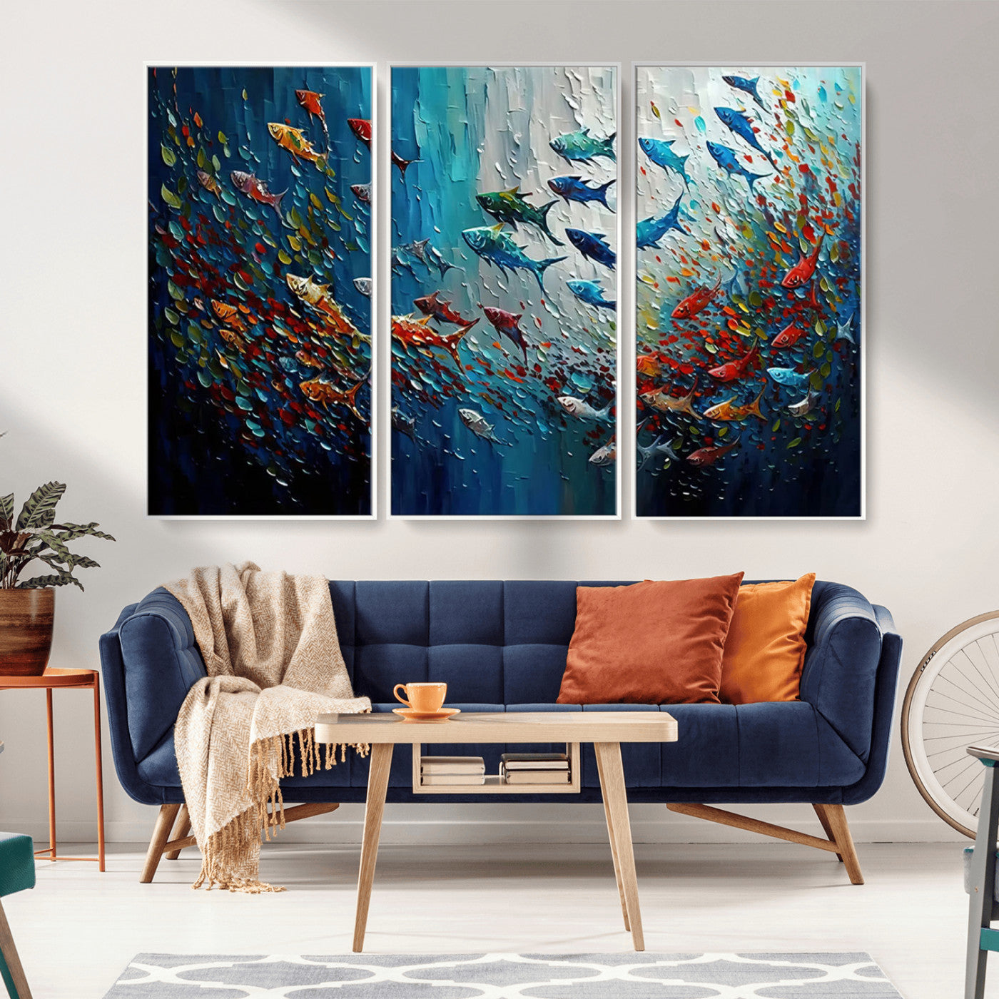 Colorful painting of fish swimming in abstract ocean swirls, perfect for vibrant marine-themed or expressive coastal home decor.
