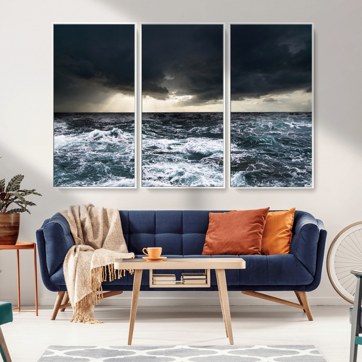 Moody ocean scene with stormy skies and crashing waves, perfect for dramatic or coastal-style home wall decor.