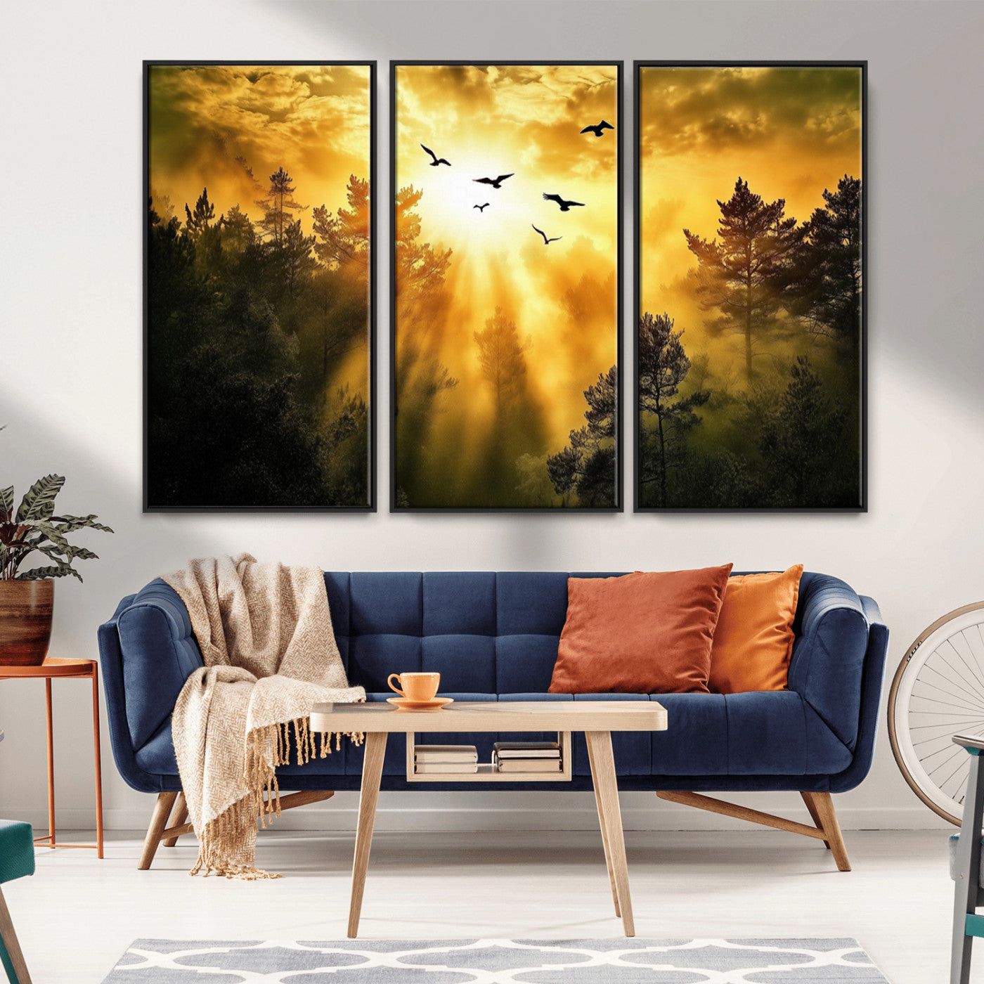 Canvas of a golden forest at sunset with birds flying through glowing sunbeams and silhouetted pine trees, ideal for warm-toned rustic decor.