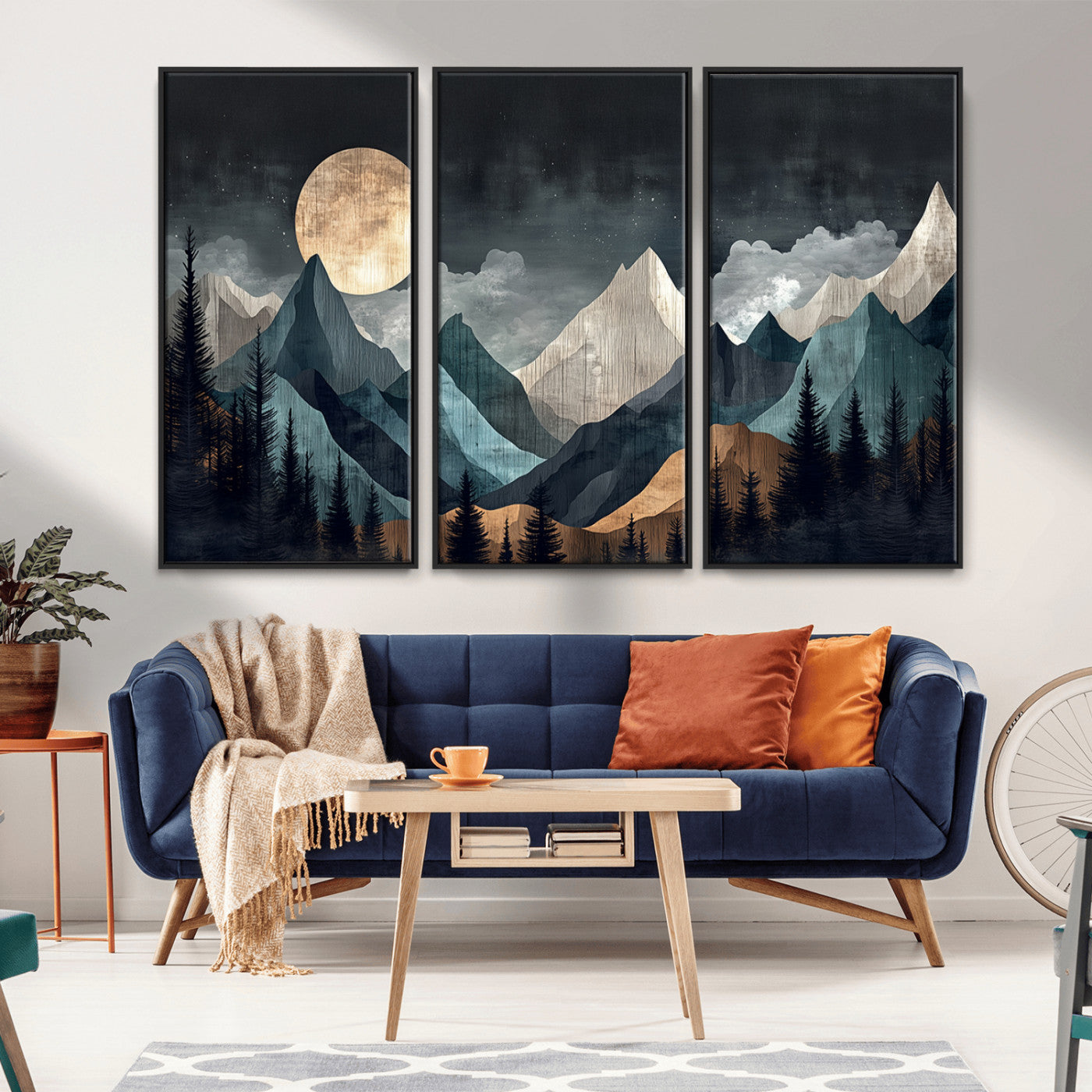 Stylized canvas of layered mountains under a full moon in neutral moody tones, ideal for nature-inspired or modern rustic interiors.