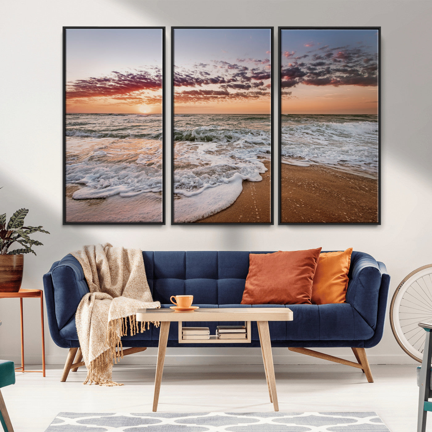 Canvas of a sunset over a foamy ocean shore with warm light and gentle waves, ideal for coastal or beach-themed home decor.