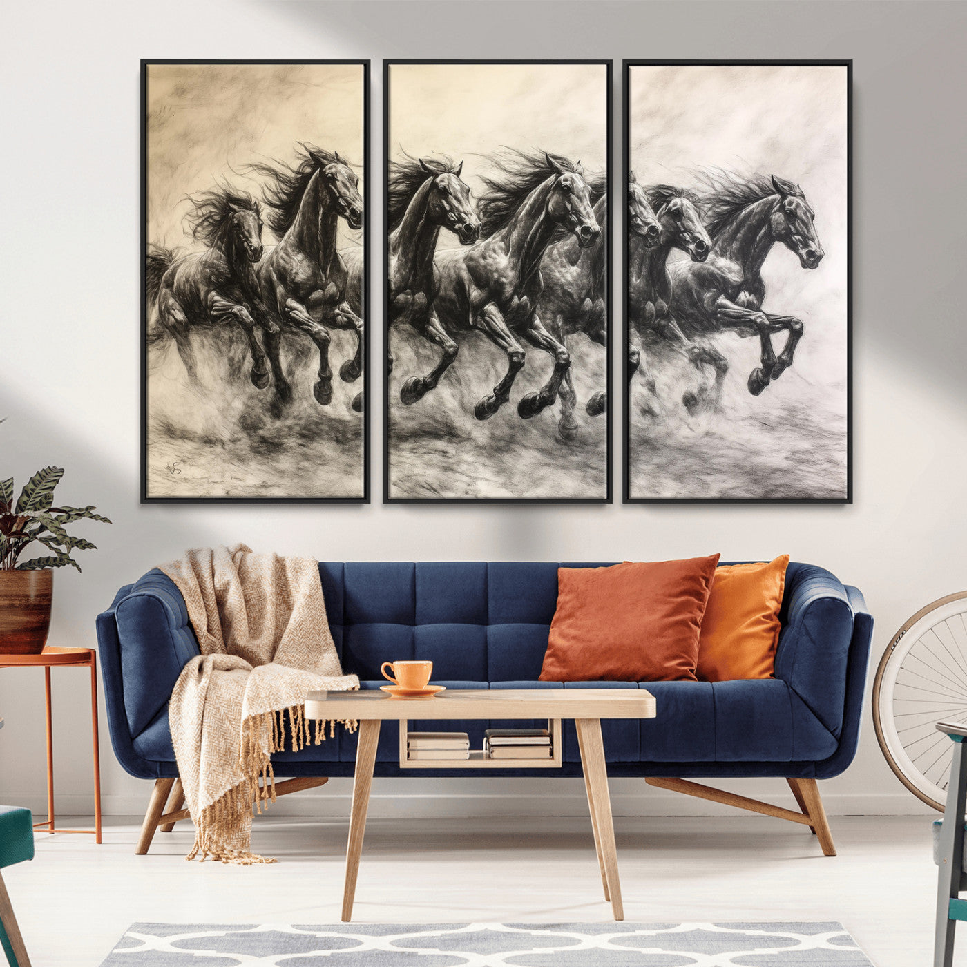 Monochrome drawing of a herd of galloping horses, perfect for dynamic and wild-themed decor in any equestrian or nature-inspired room.