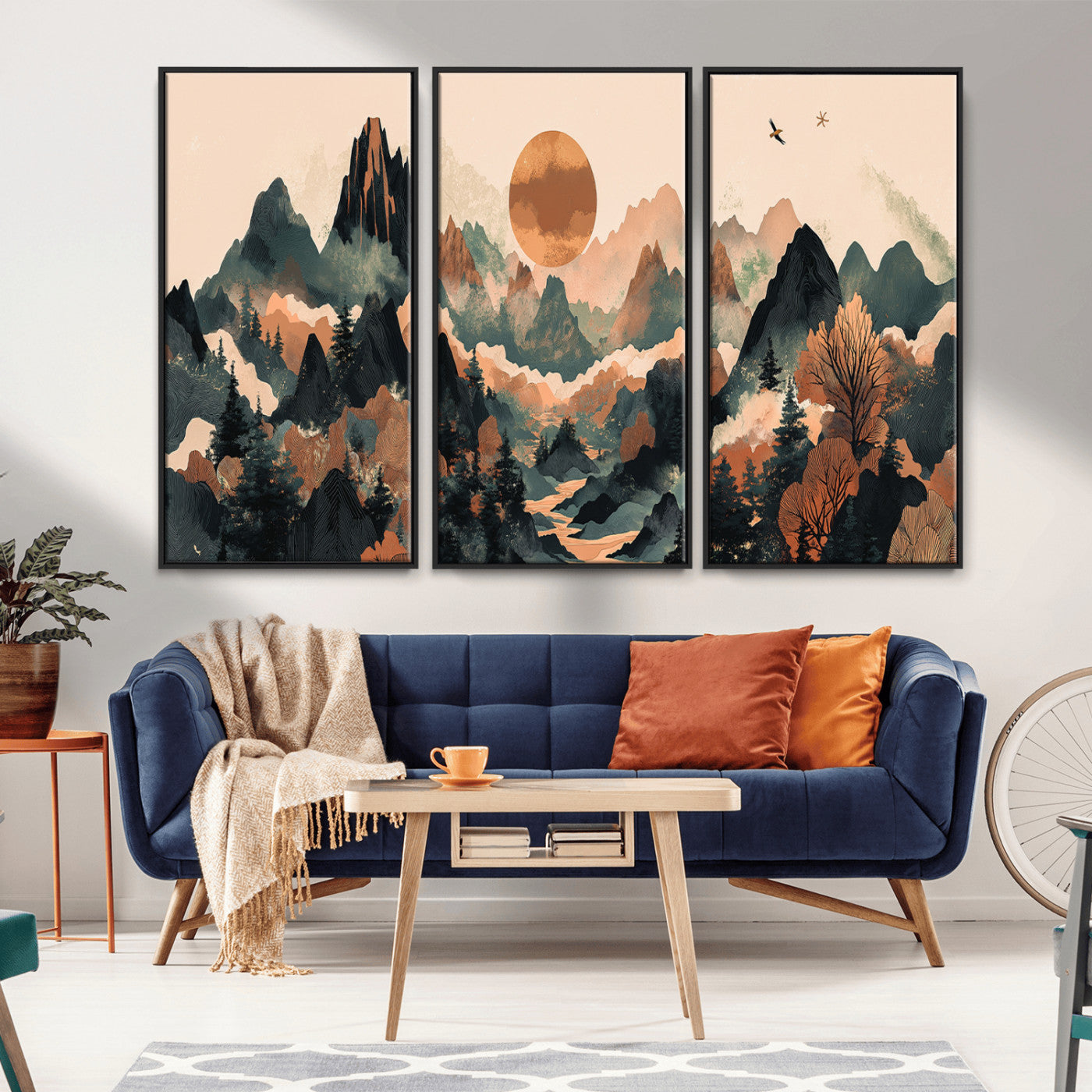 Mountain Landscape Wall Art Print - Sunset Hills Canvas Print, featuring an abstract nature scene with earthy tones and misty peaks, perfect for boho and modern decor.