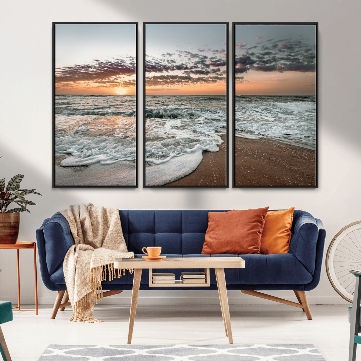 Ocean Sunset Wall Art Print - Beach Waves Canvas Print, featuring a serene seascape with golden sunlight reflecting on gentle waves, perfect for coastal and minimalist decor.