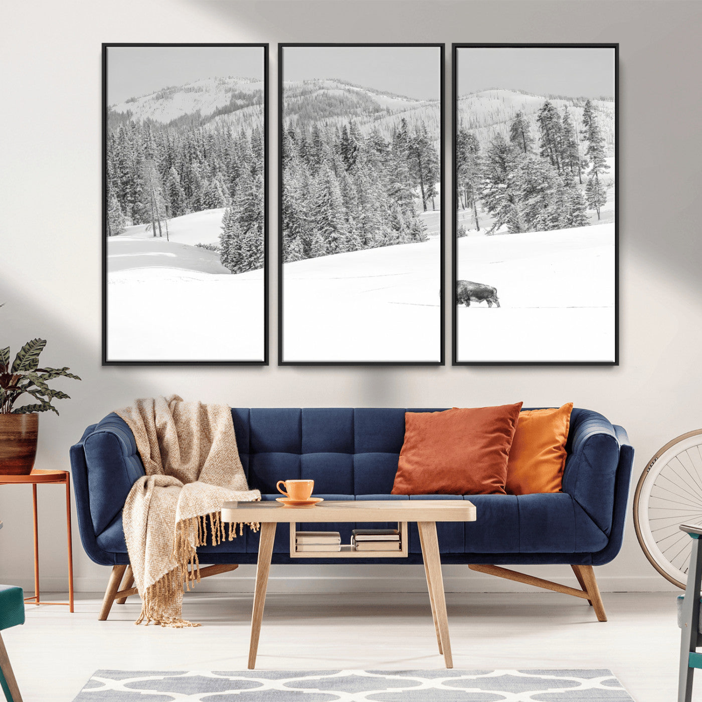 Snowy bison walking through white forest landscape, ideal for monochrome winter or wilderness-style interior wall decoration.