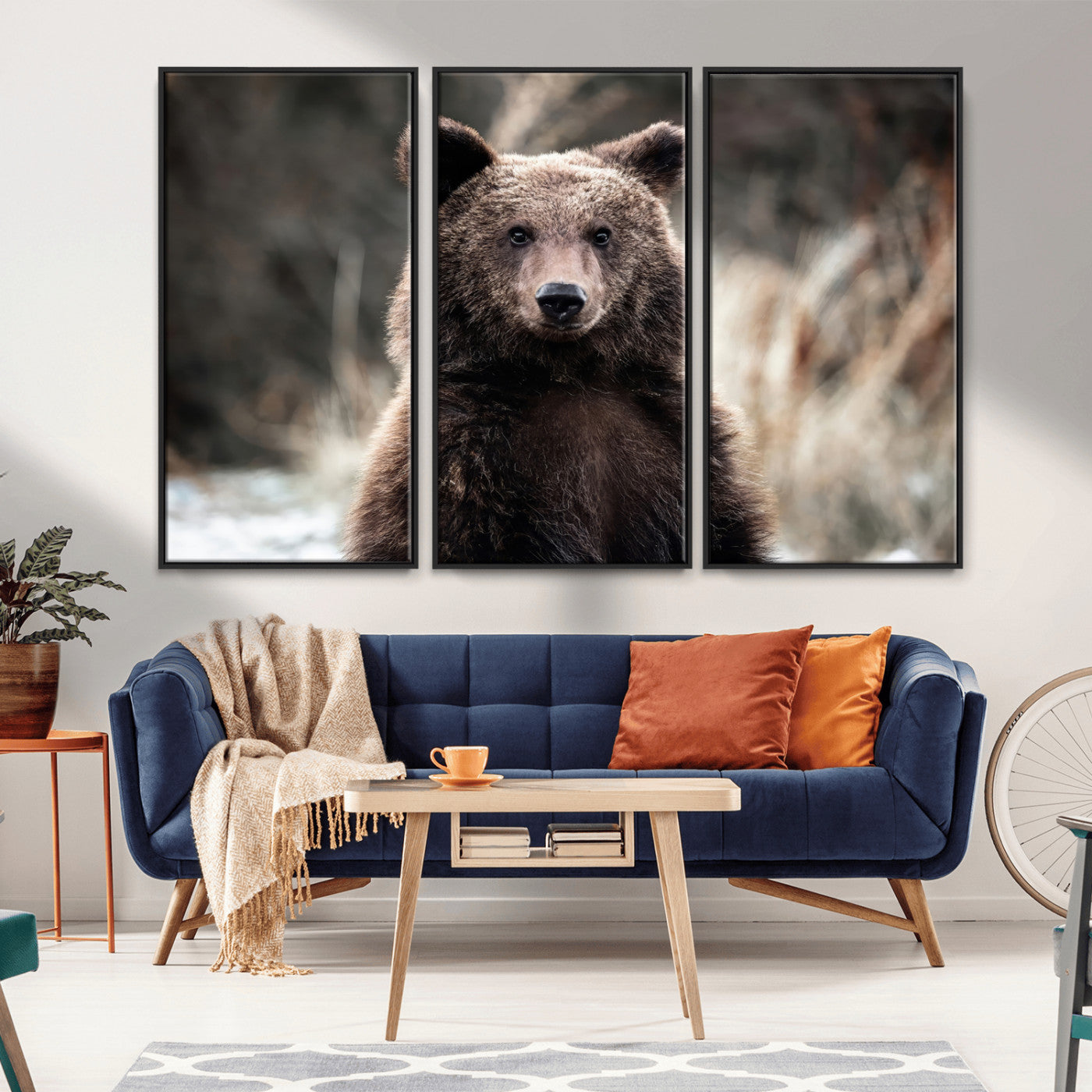 Canvas of a brown bear in soft earthy tones and moody forest light, ideal for rustic cabin or woodland nature-themed home decor.