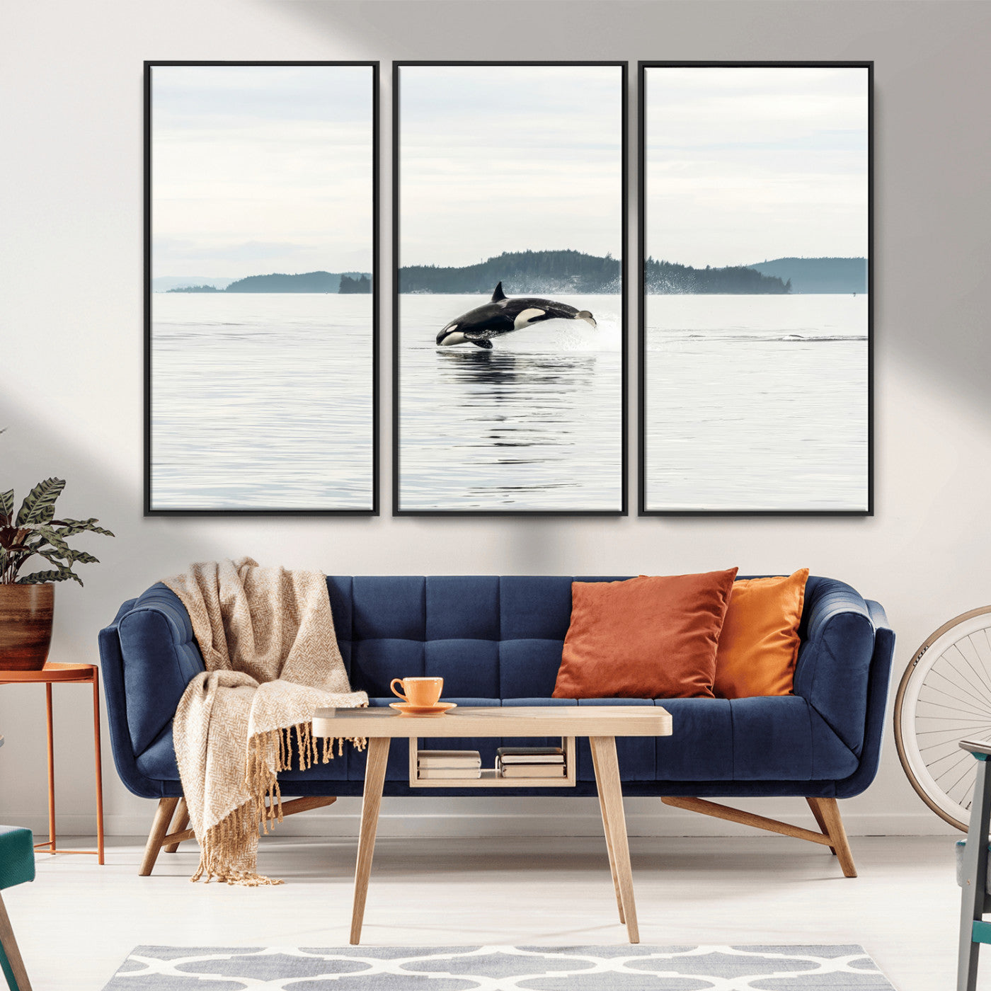 An orca jumping out of calm ocean waters with a misty island in the background, creating a serene and minimalist marine wildlife scene.