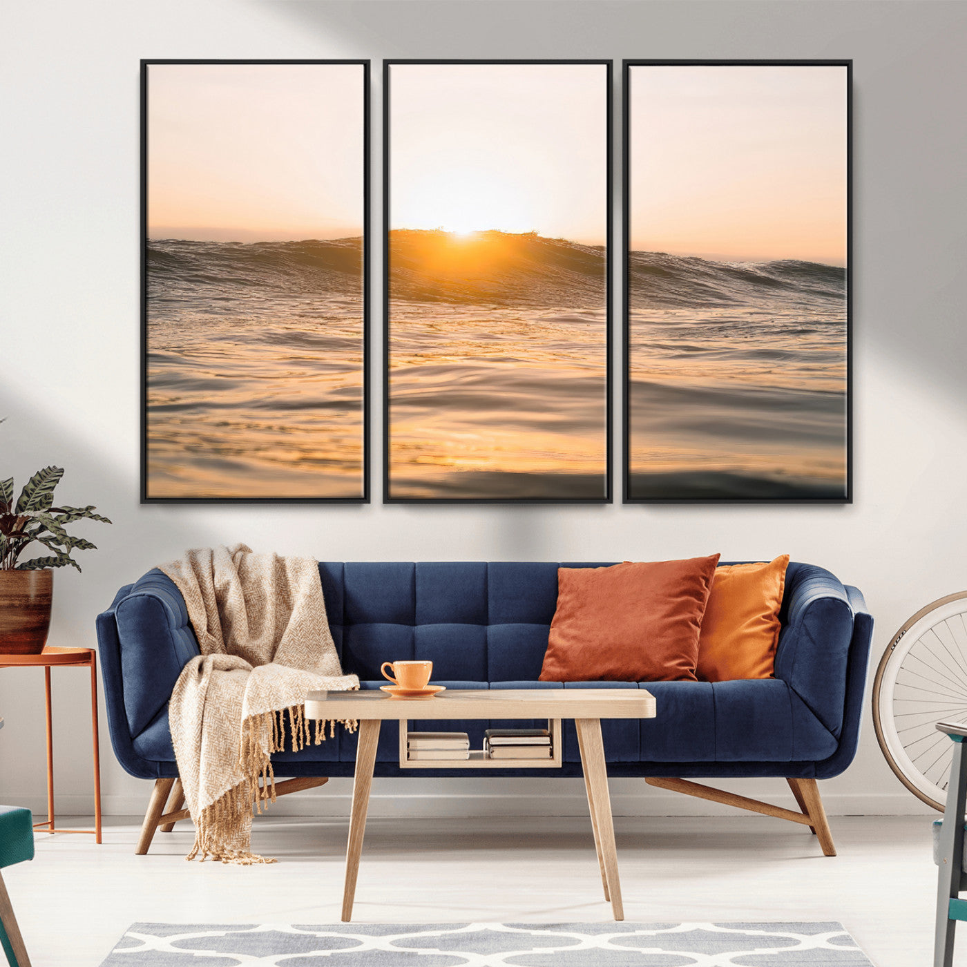 Ocean waves glowing under a warm golden sunset, reflecting soft light and calm movement, perfect for warm minimalist coastal interiors.