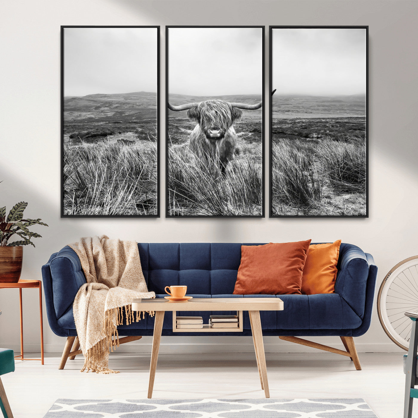 A black and white portrait of a Highland cow in a foggy Scottish countryside, capturing a rustic aesthetic and tranquil farm escape.