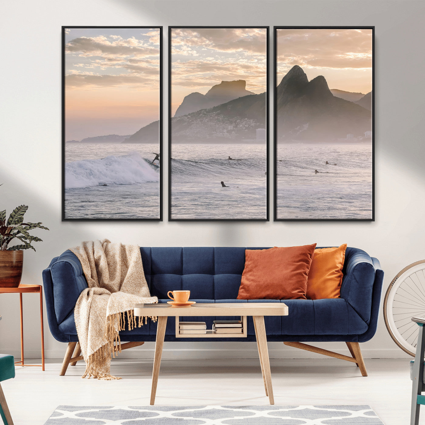 A surfer rides a golden hour wave near misty coastal mountains, surrounded by fellow surfers, capturing the spirit of a coastal adventure.