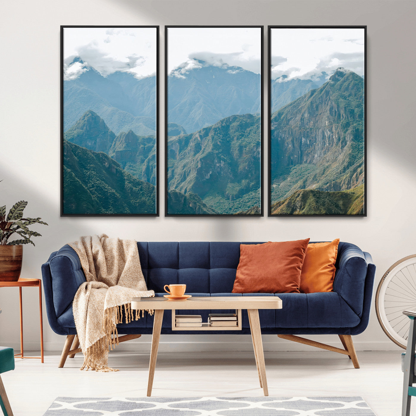 A misty mountain landscape with cloud-covered Andean peaks and lush green valleys, creating a dramatic and serene view, perfect for rustic or nature-inspired home decor.