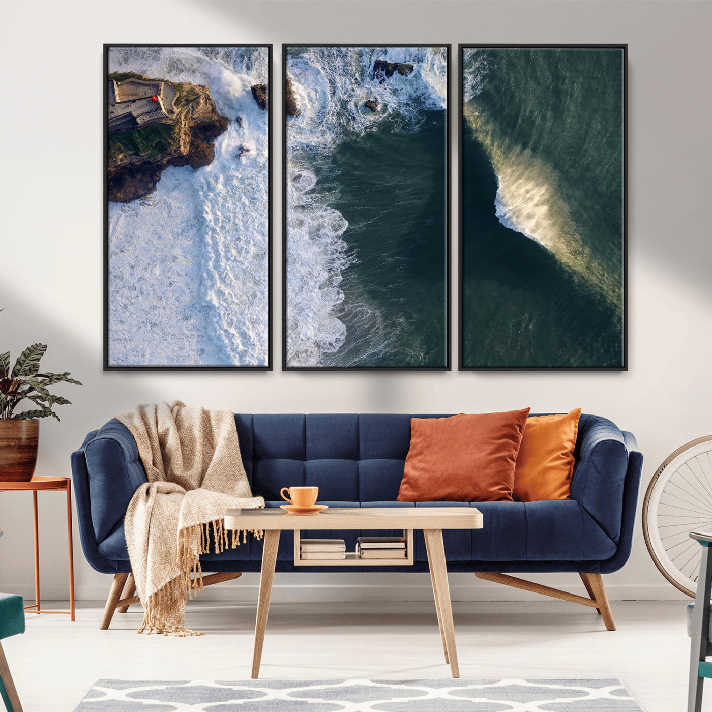 Canvas showing an aerial view of crashing waves along the Nazaré coastline, perfect for dramatic coastal or ocean-themed home decor.