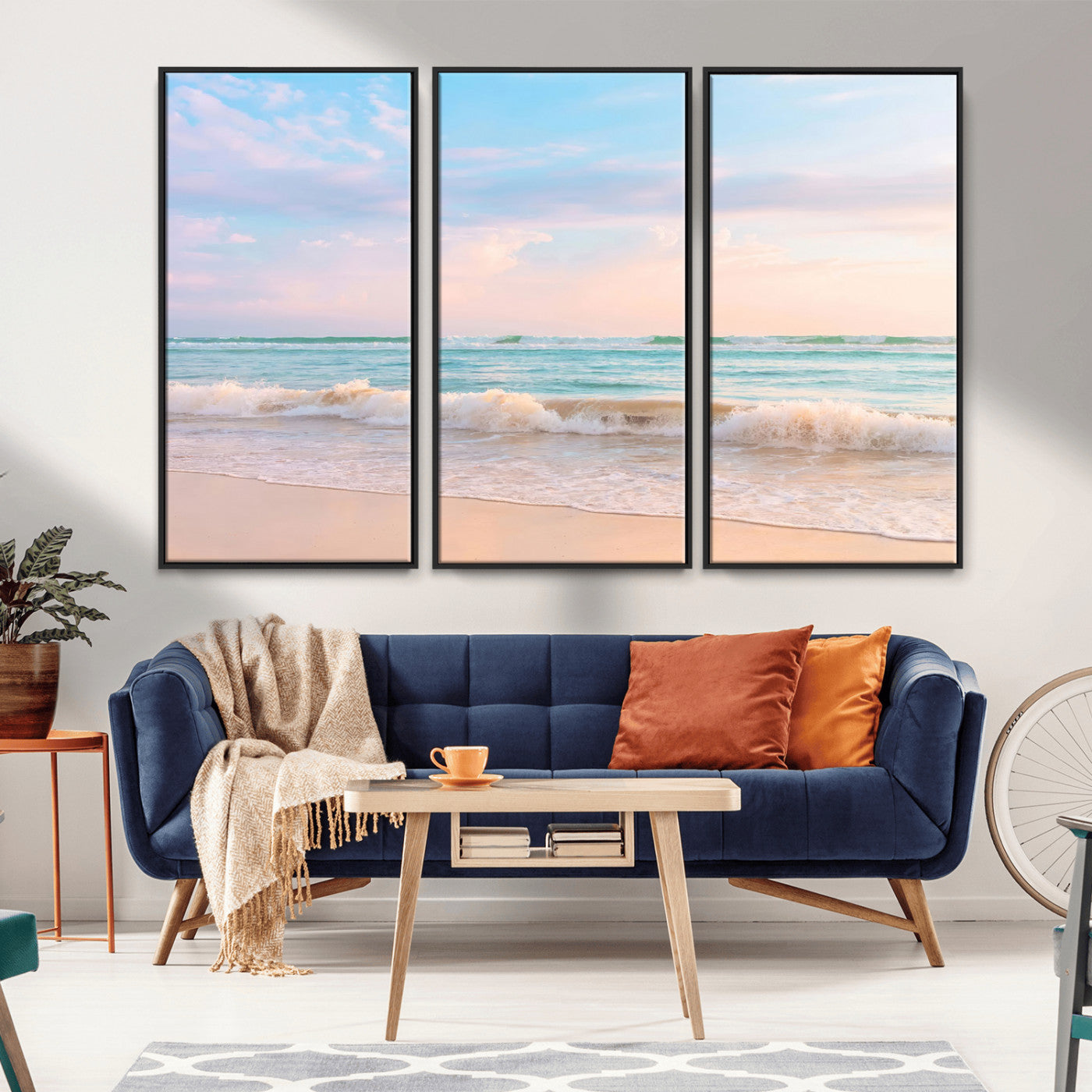 A peaceful beach scene with soft pastel skies, gentle waves washing up on the sandy shore, creating a calm and serene ocean view.