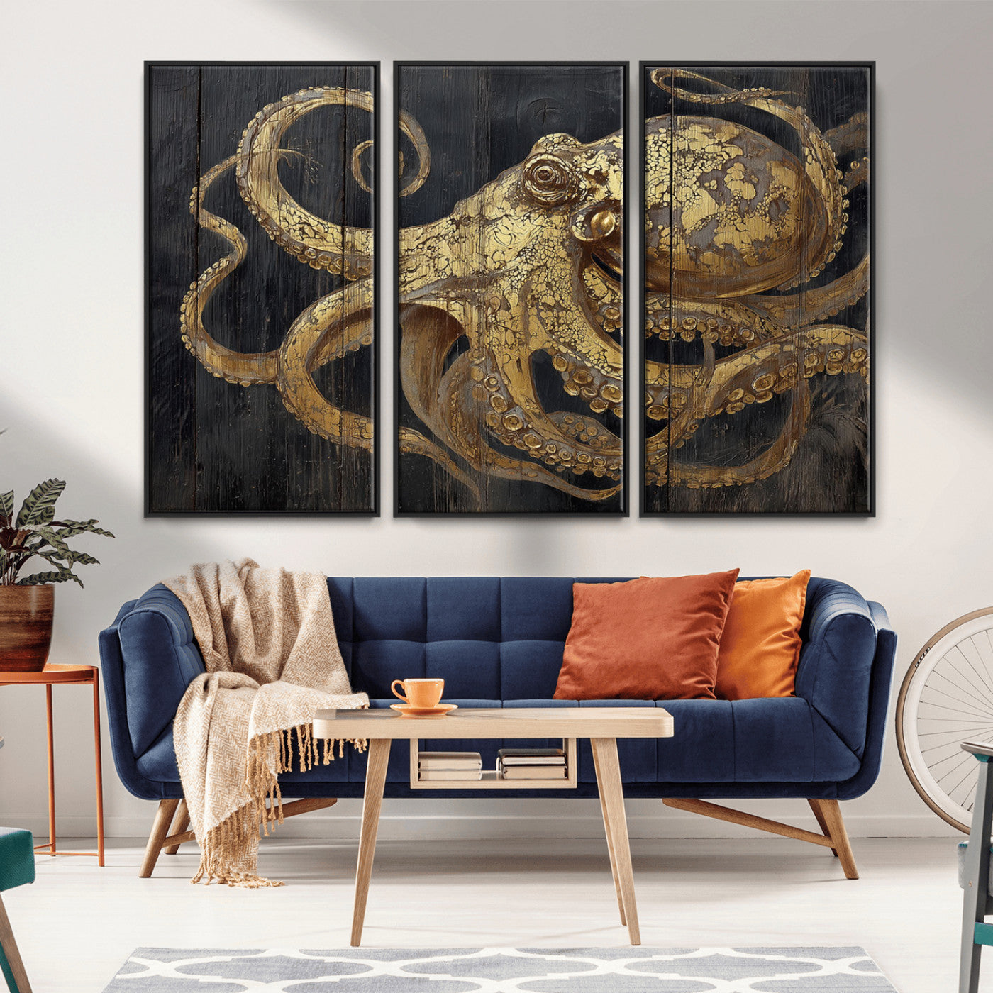 A detailed gold illustration of an octopus on black wooden planks, showing its intricate tentacles and textured skin in an artistic style.