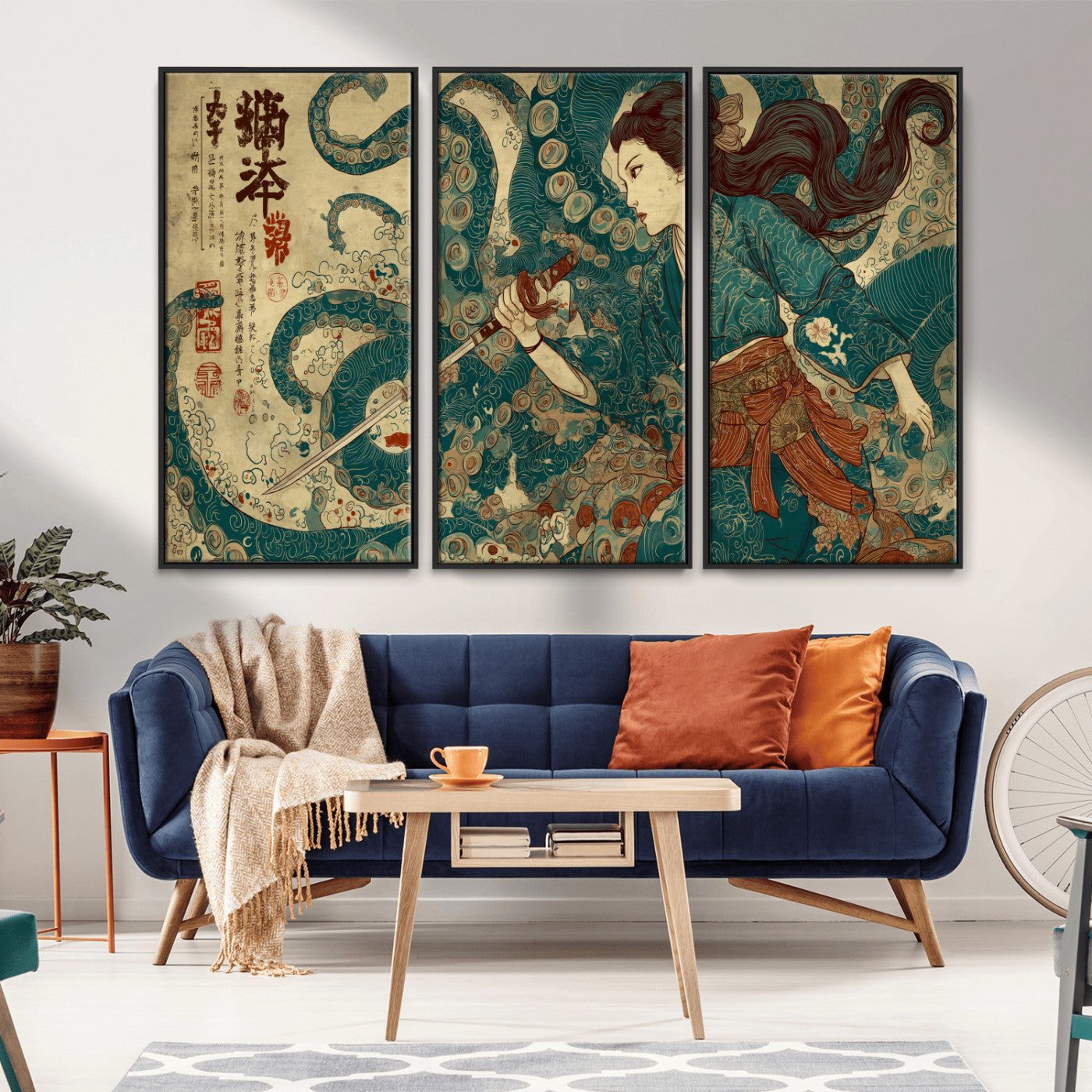 Tsukioka Yoshitoshi Samurai Wall Art Print, Japanese Katana Warrior Canvas Wall Art, Octopus Sea Monster Canvas Print,