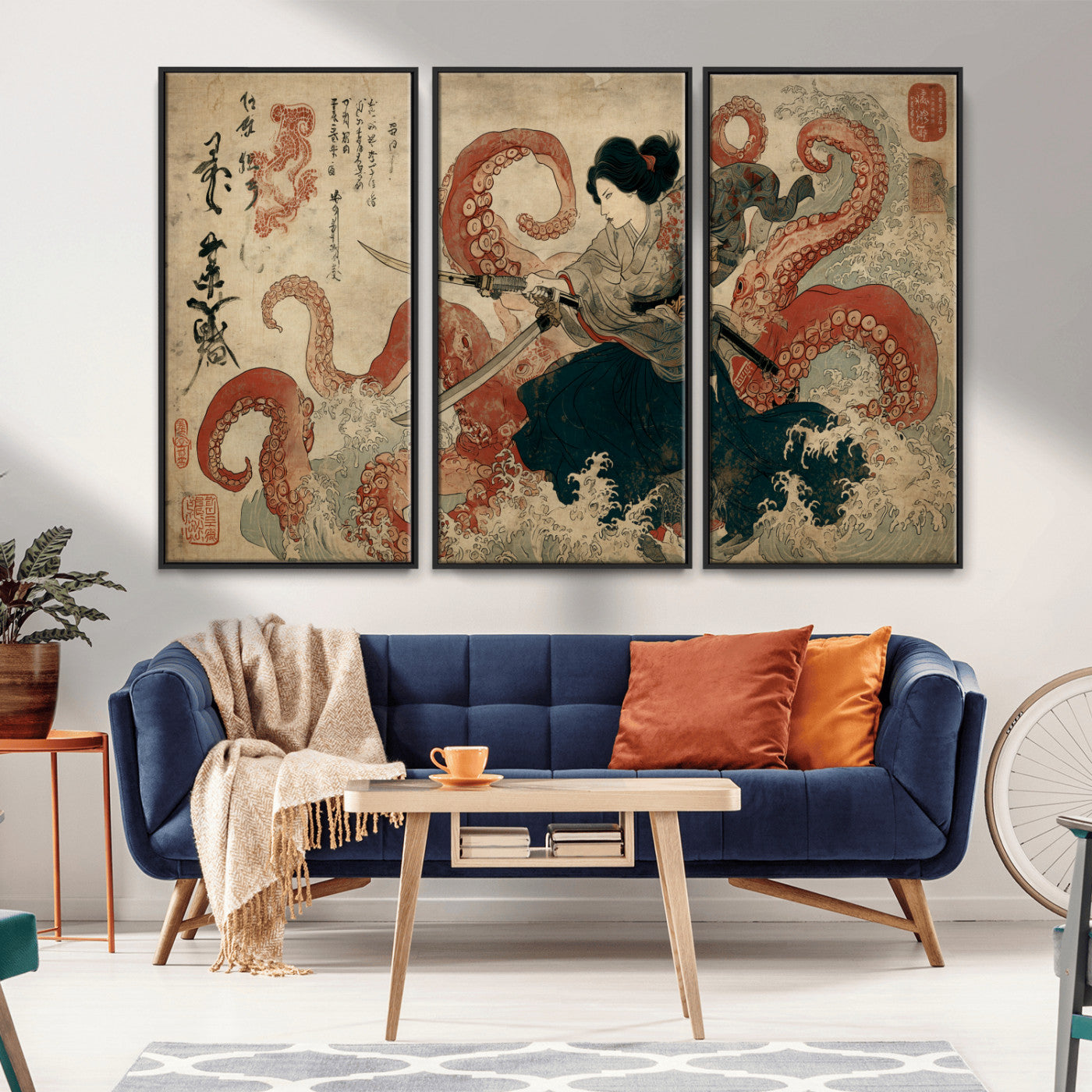 Tsukioka Yoshitoshi Samurai Wall Art Print, Japanese Katana Warrior Canvas Wall Art, Octopus Sea Monster Canvas Print,