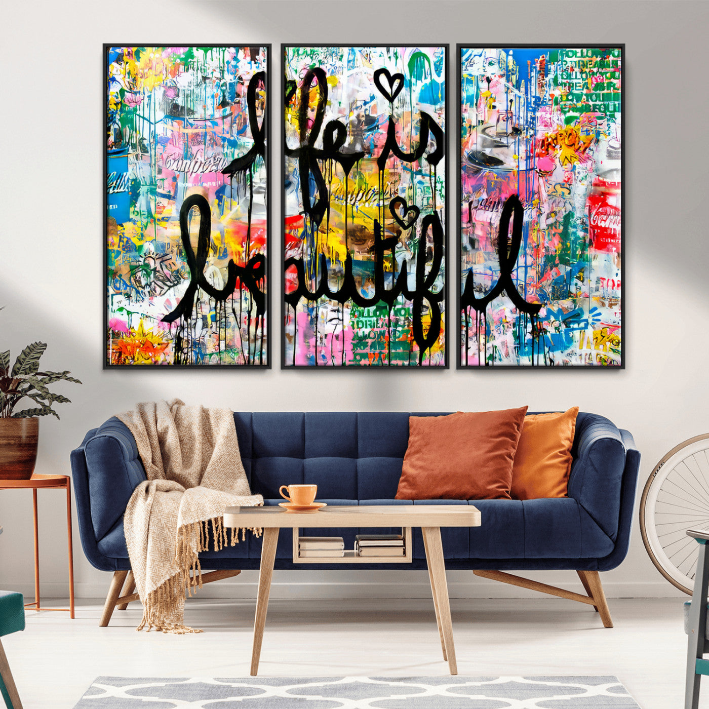 Colorful urban-style canvas with graffiti text “Life is Beautiful” in black paint, ideal for bold or street-themed home decor.