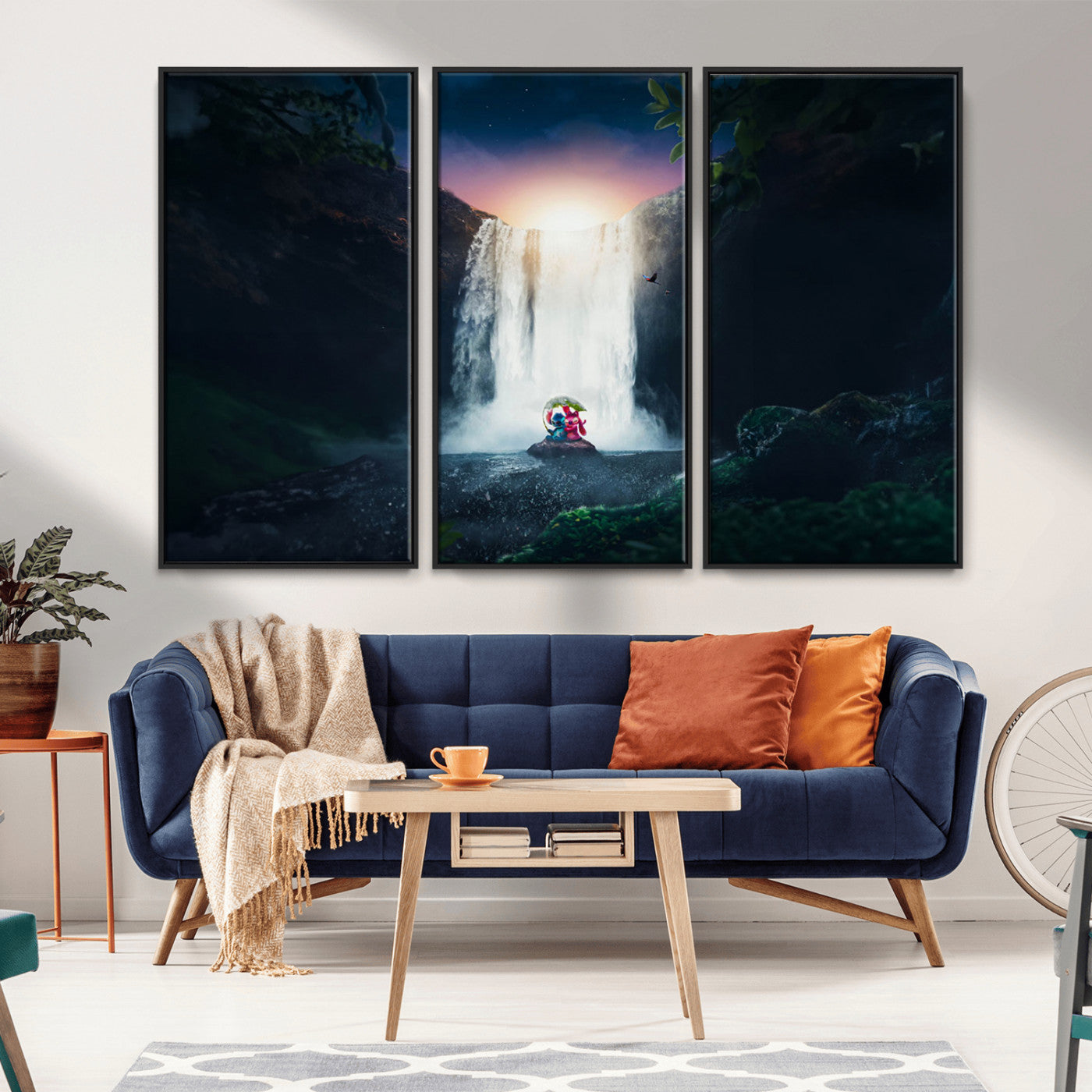 Romantic scene of Stitch and Angel sitting under a leaf in front of a glowing waterfall, ideal for tropical or fantasy-themed decor.