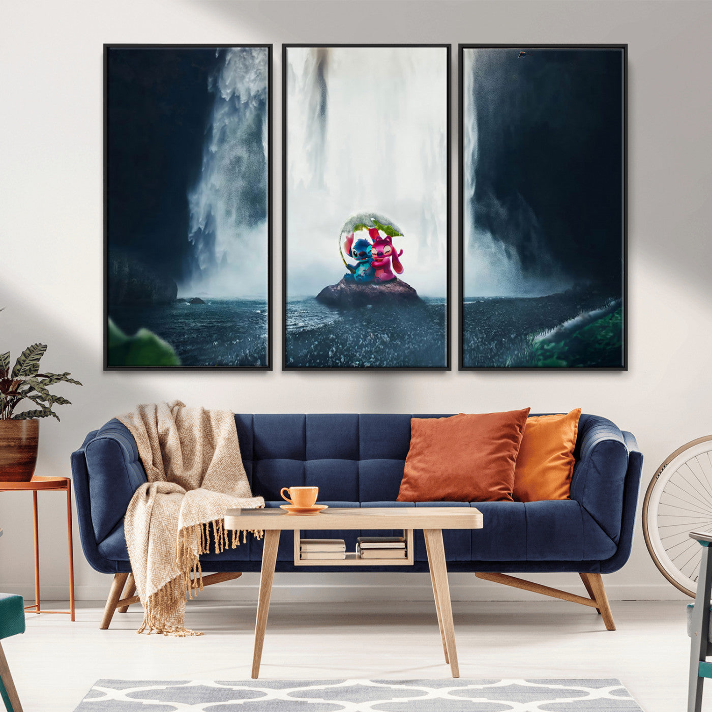 Fantasy canvas of Stitch and Angel under a leaf umbrella in front of a dramatic waterfall, perfect for moody jungle-themed or animated decor.