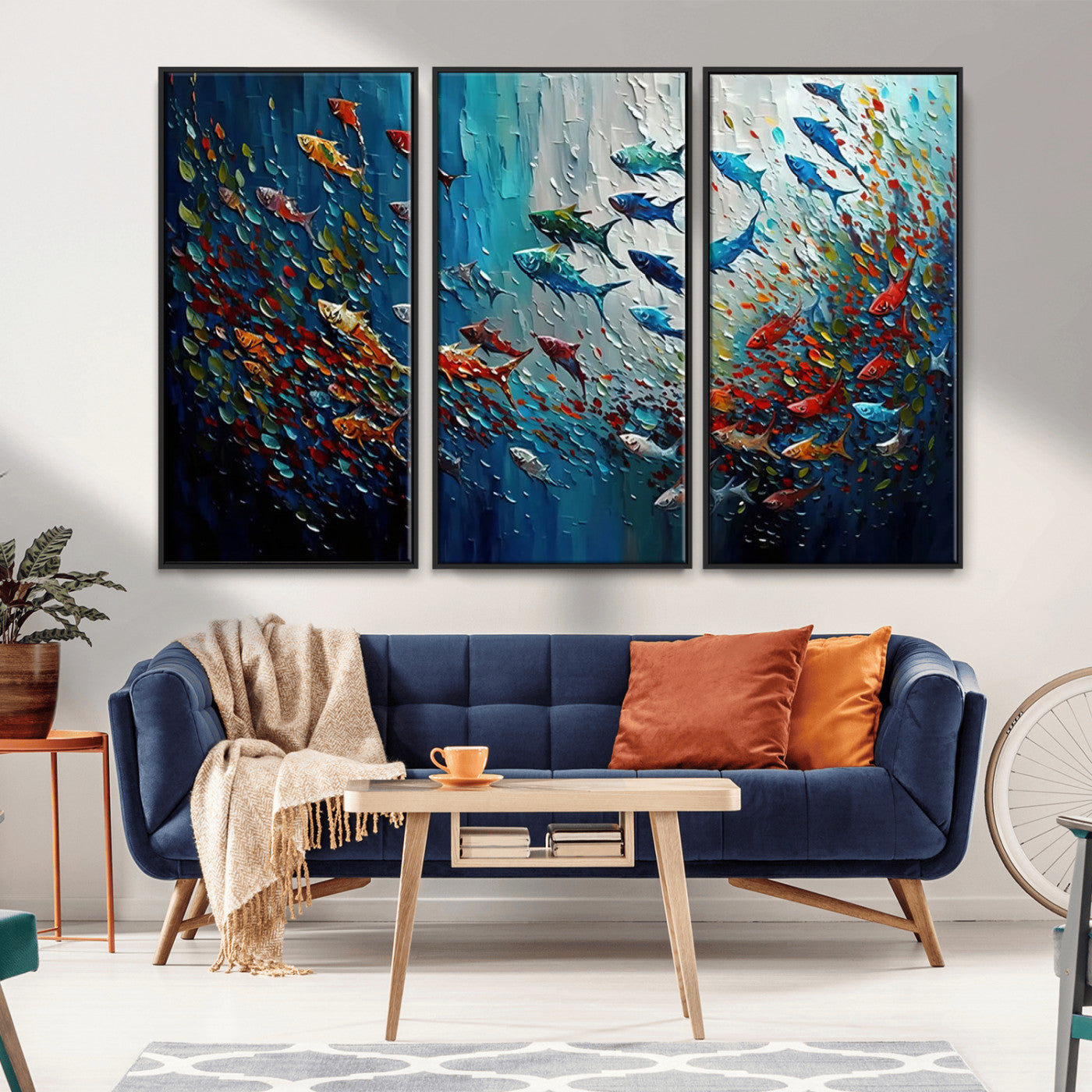 Colorful painting of fish swimming in abstract ocean swirls, perfect for vibrant marine-themed or expressive coastal home decor.