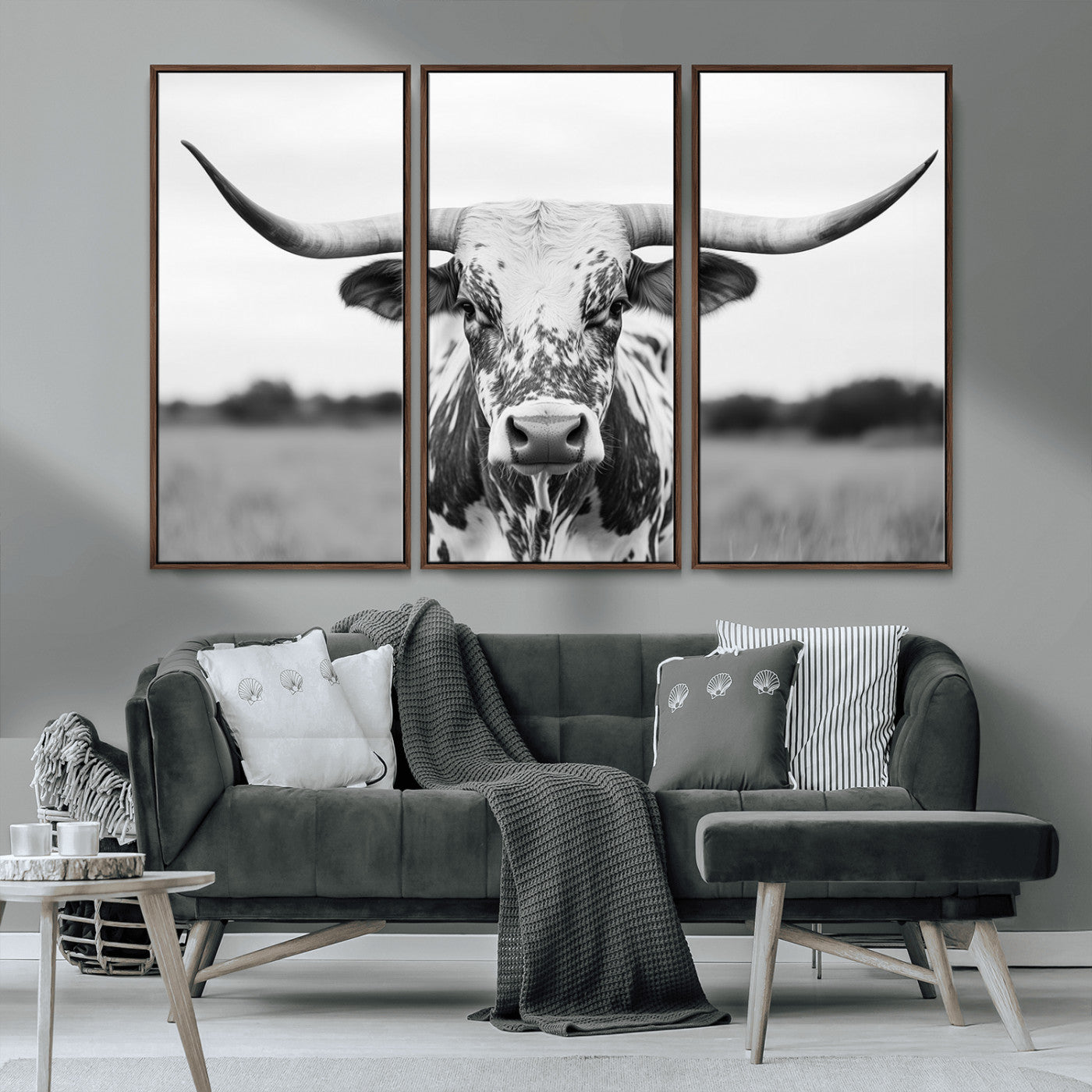 Capture the strength and elegance of nature with this striking black and white portrait of a longhorn cow. Its powerful presence makes a bold statement in any room.