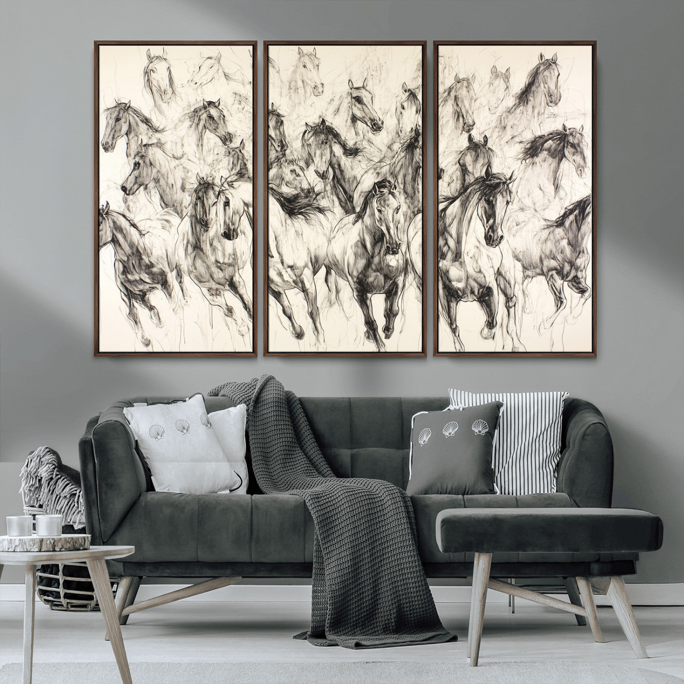 Monochrome ink sketch of galloping horses in dynamic motion, perfect for western or equine-themed wall decor with bold artistic energy.