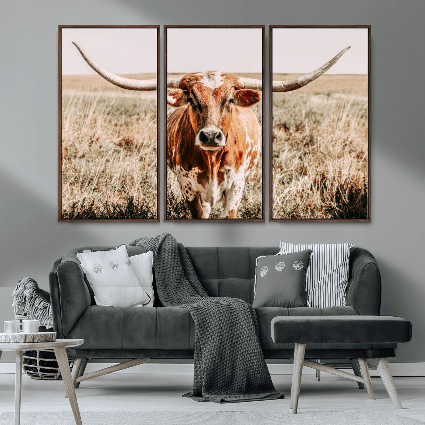 Framed longhorn cow canvas wall art with rustic prairie background, western animal print perfect for farmhouse or ranch style decor