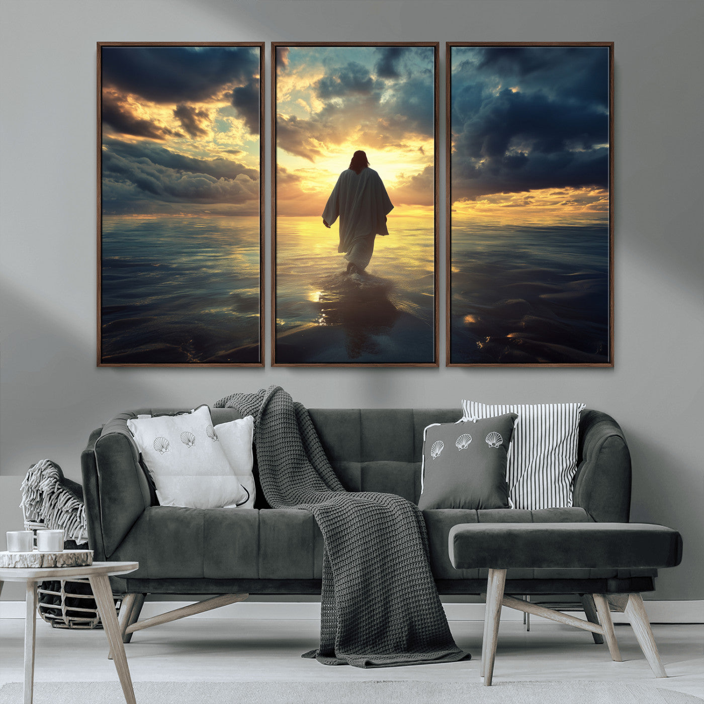 Spiritual artwork of Jesus walking on water at golden hour with divine light, ideal for Christian home decor or prayer room.