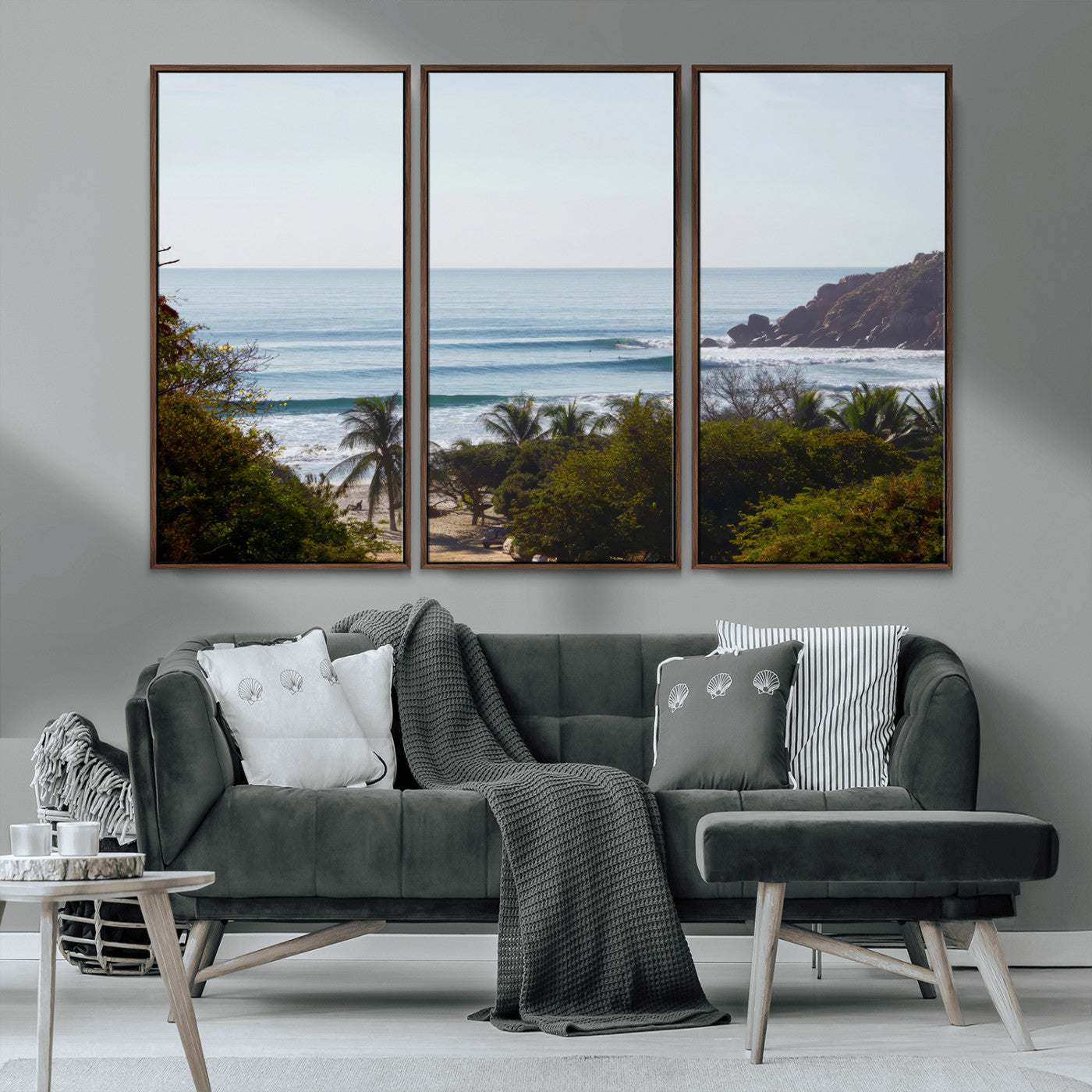 View of calm ocean waves with palm trees and a tropical coastline, ideal for coastal boho or beach-themed wall decor.
